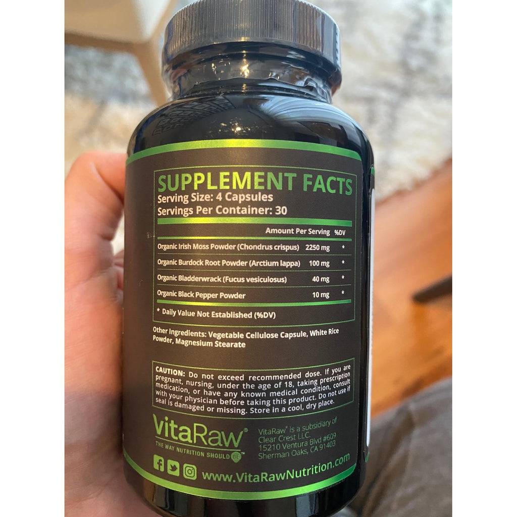 VitaRaw Organic Irish Sea Moss Capsules 2400 mg - Burdock Root and Bladderwrack Powder Real Seamoss Pills for Immune Support, Joint and Gut Health Help - Raw Sea Moss Advanced Herbal Supplement