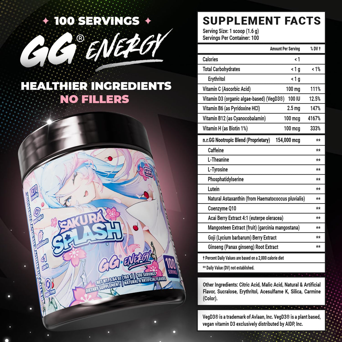 Gamer Supps GG Energy - Sakura Splash by Silvervale (100 Servings) - Keto Friendly Gaming Energy and Nootropic Blend, Sugar Free + Organic Caffeine + Vitamins + Immune Support, Powder Drink