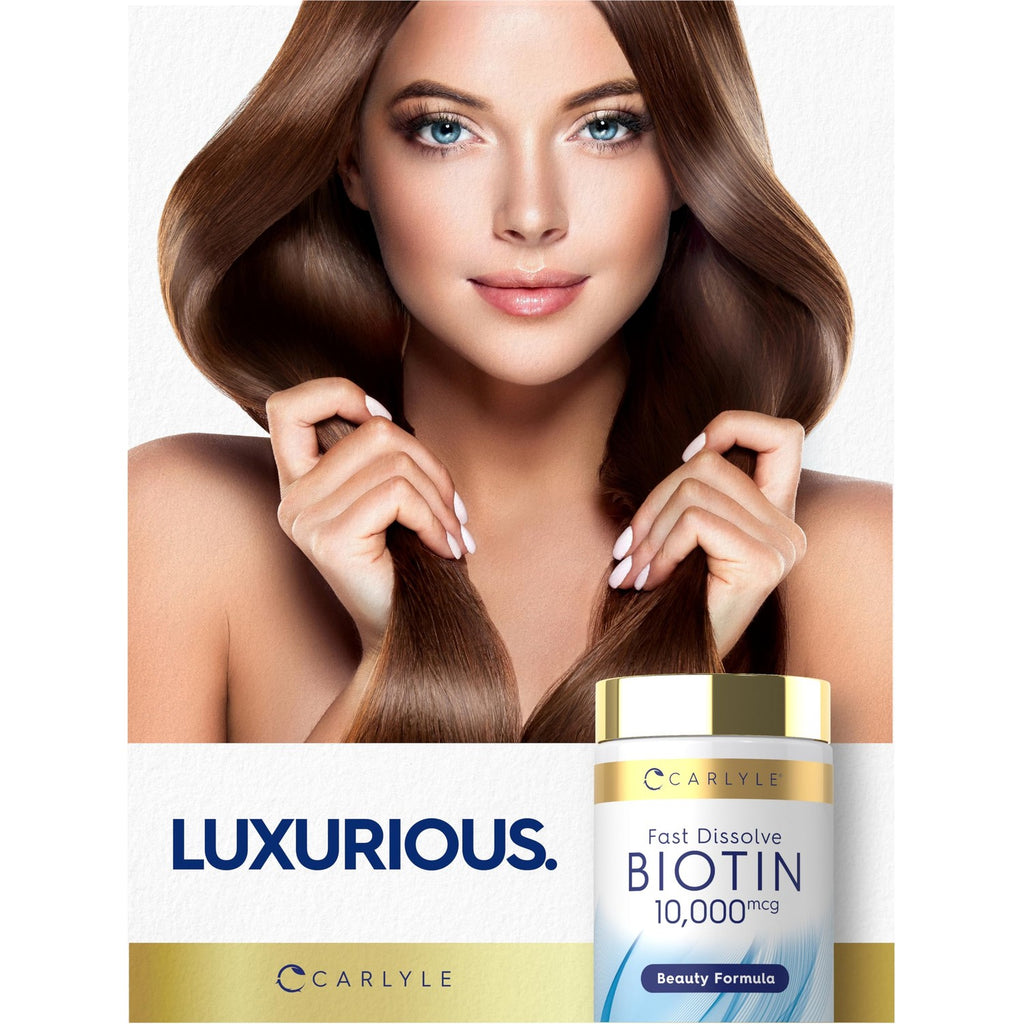 Carlyle Biotin 10000mcg | 250 Fast Dissolve Tablets | Max Strength | Vegetarian, Non-GMO, Gluten Free Supplement
