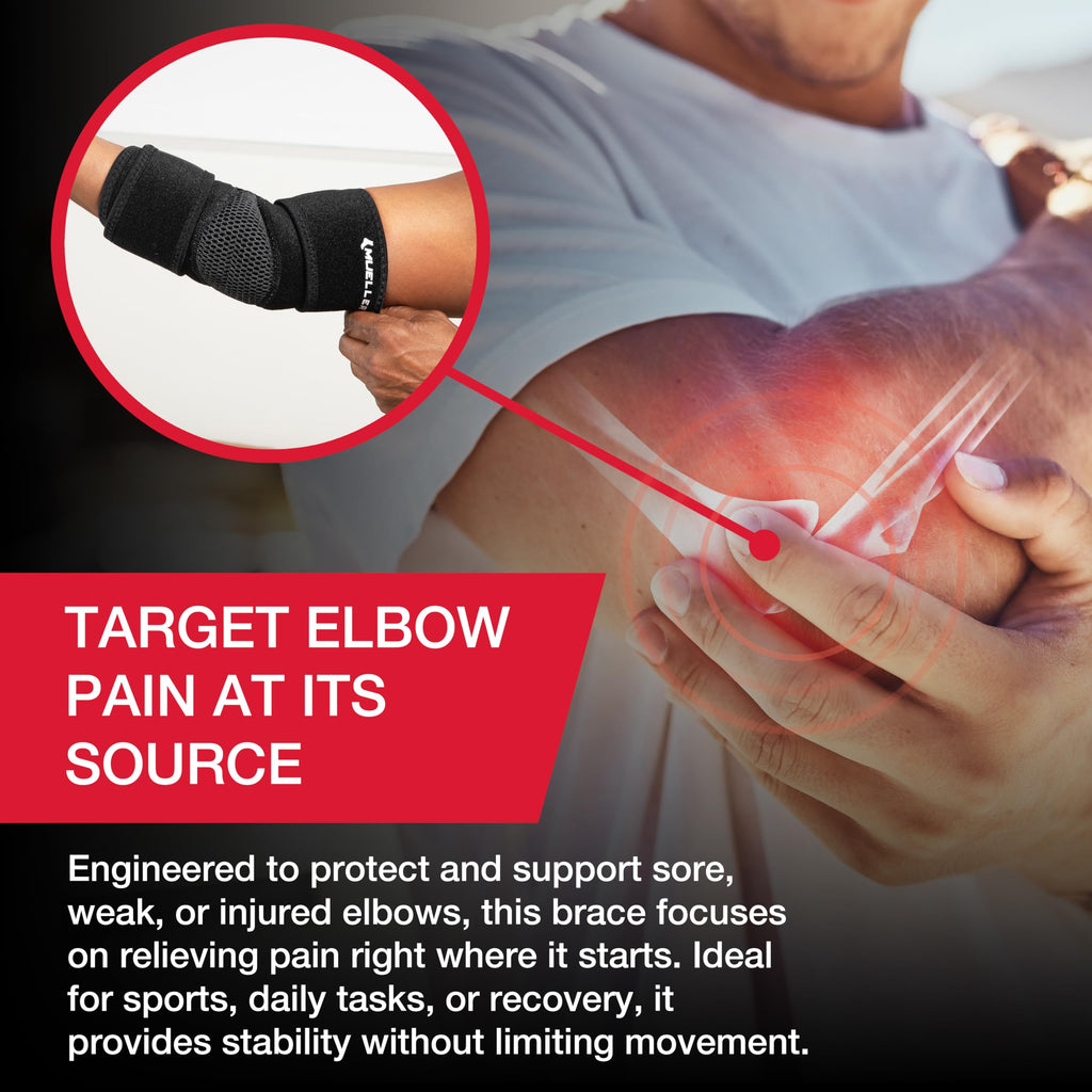 MUELLER Sports Medicine Adjustable Elbow Brace, Elbow Pain Relief Support Sleeve for Men and Women, For Tennis, Golf, Painting, Factory-Line Work, and More, Black, One Size