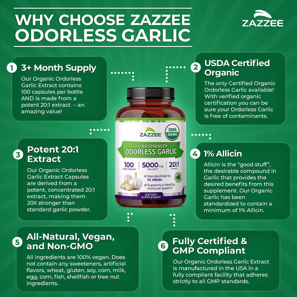 Zazzee USDA Organic Odorless Garlic 20:1 Extract, 1% Allicin, 100 Capsules | Vegan, 3+ Month Supply, Allium Sativum, Immune, Circulation & Heart Health Support, All-Natural, Non-GMO, Made in the USA