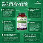 Zazzee USDA Organic Odorless Garlic 20:1 Extract, 1% Allicin, 100 Capsules | Vegan, 3+ Month Supply, Allium Sativum, Immune, Circulation & Heart Health Support, All-Natural, Non-GMO, Made in the USA