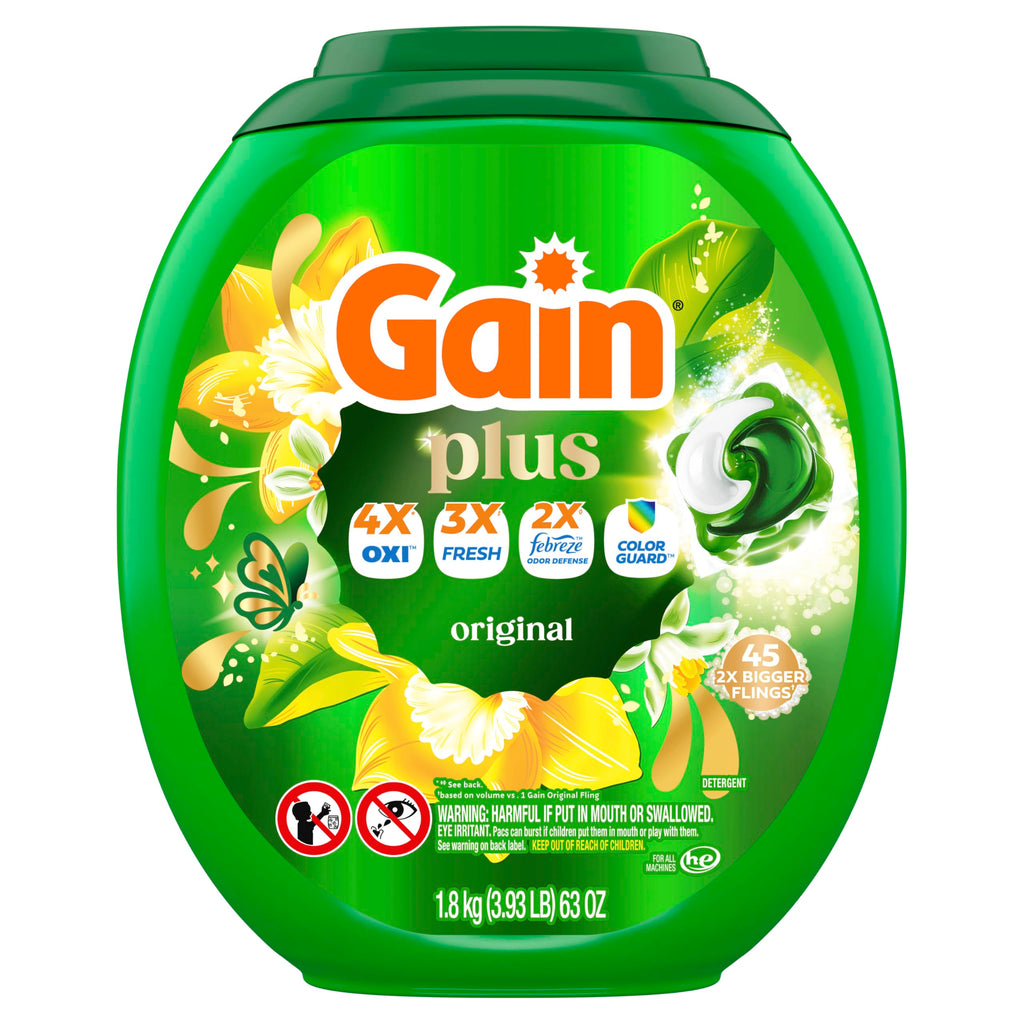 Gain Plus Flings Liquid Laundry Detergent Pacs, Gain's Best Clean, All-In-One, Original Scent, 45 Count