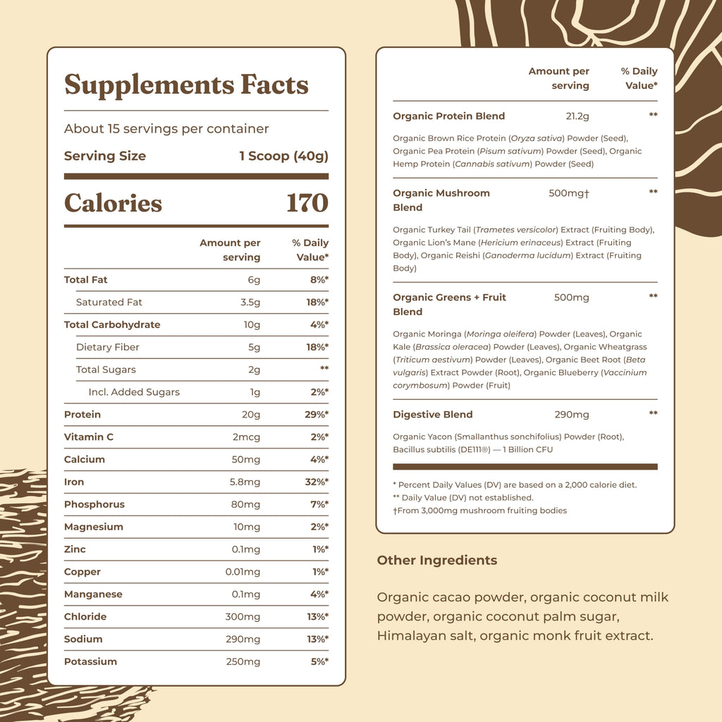 Four Sigmatic Organic Plant-Based Protein Powder | Clean Vegan Protein Elevated with Lion’s Mane, Chaga, Cordyceps and More for Brain Function and Immune Support | Creamy Cacao, 21.16 oz
