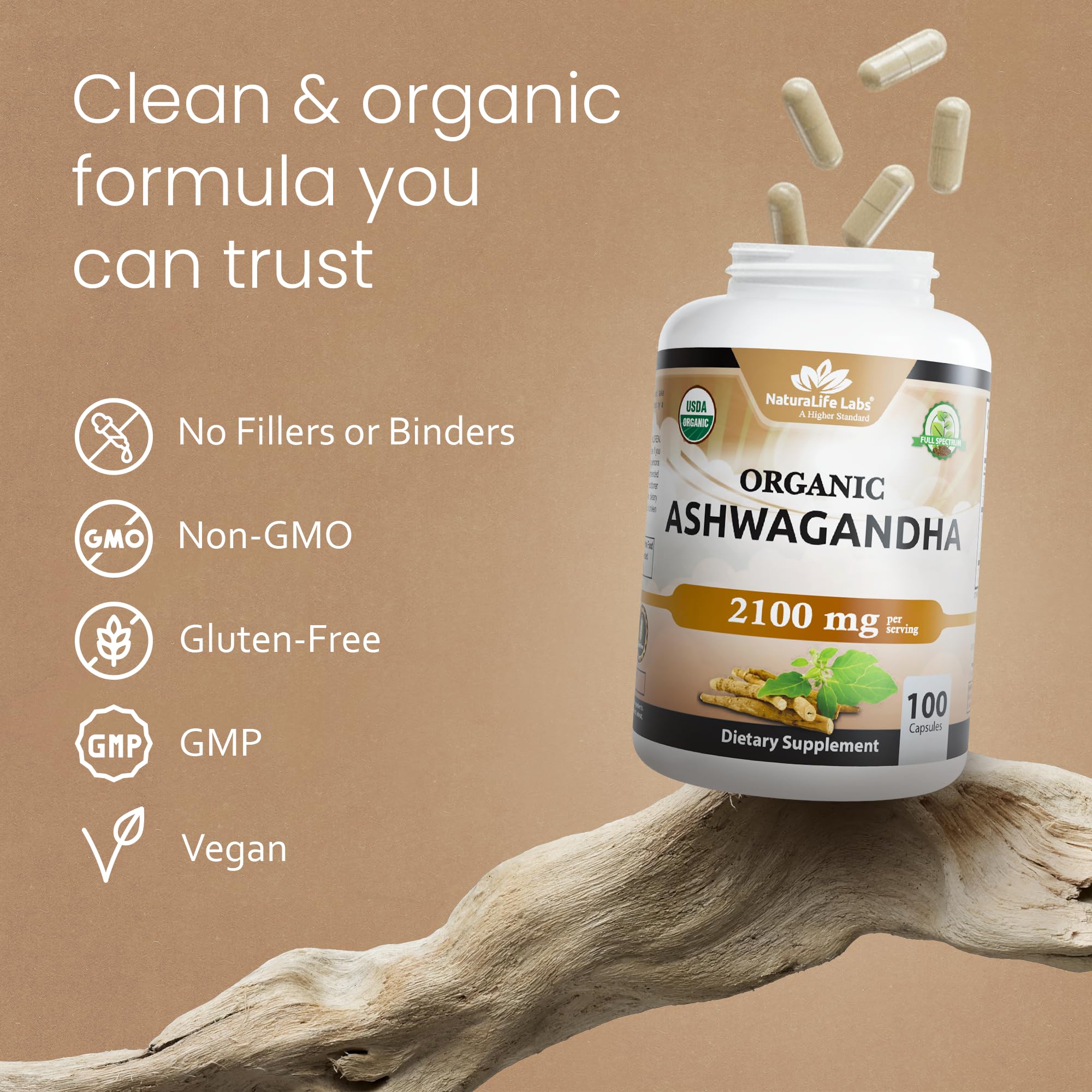 NaturaLife Labs Organic Ashwagandha 2100 mg per Serving – Full Spectrum Root Powder and Standardized Extract (Withanolides) – 100 Capsules – Vegan – Non-GMO, Gluten-Free