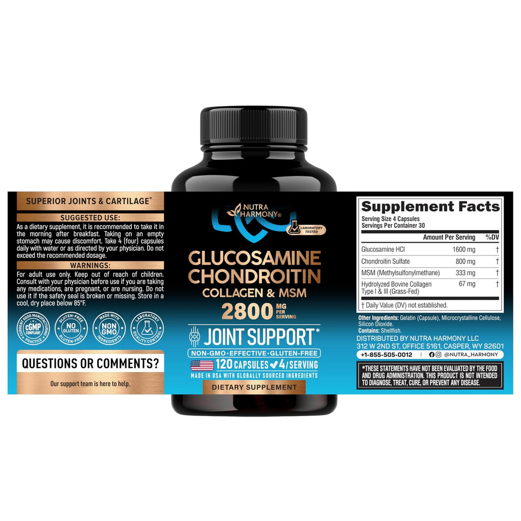 Glucosamine Chondroitin MSM Collagen - Joint Supplements 2800 mg - 120 Caps
