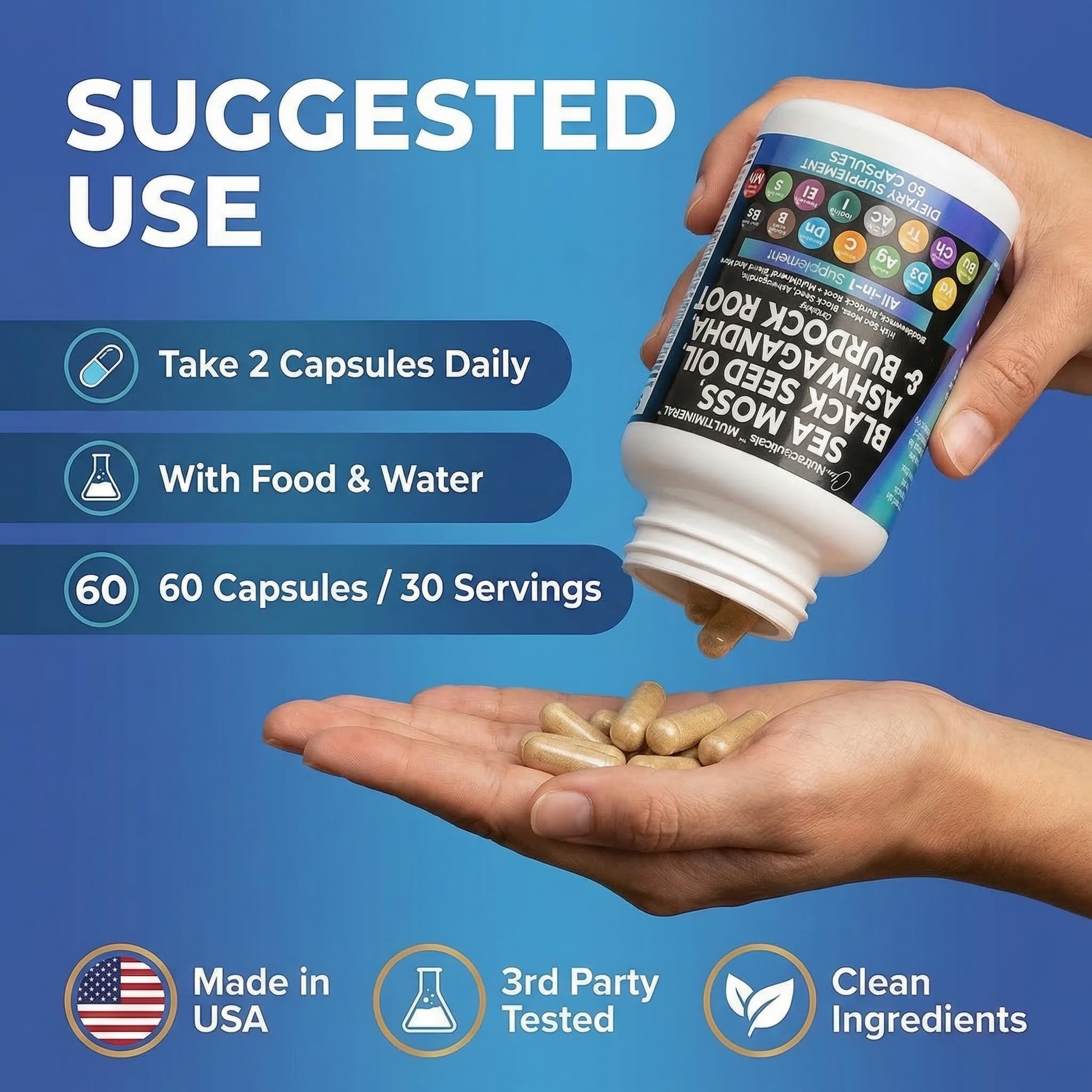 Clean Nutraceuticals Sea Moss Black Seed Oil Ashwagandha Turmeric Bladderwrack Burdock & Vitamin C Vitamin D3 with Elderberry Manuka Dandelion Yellow Dock Iodine Chlorophyll ACV