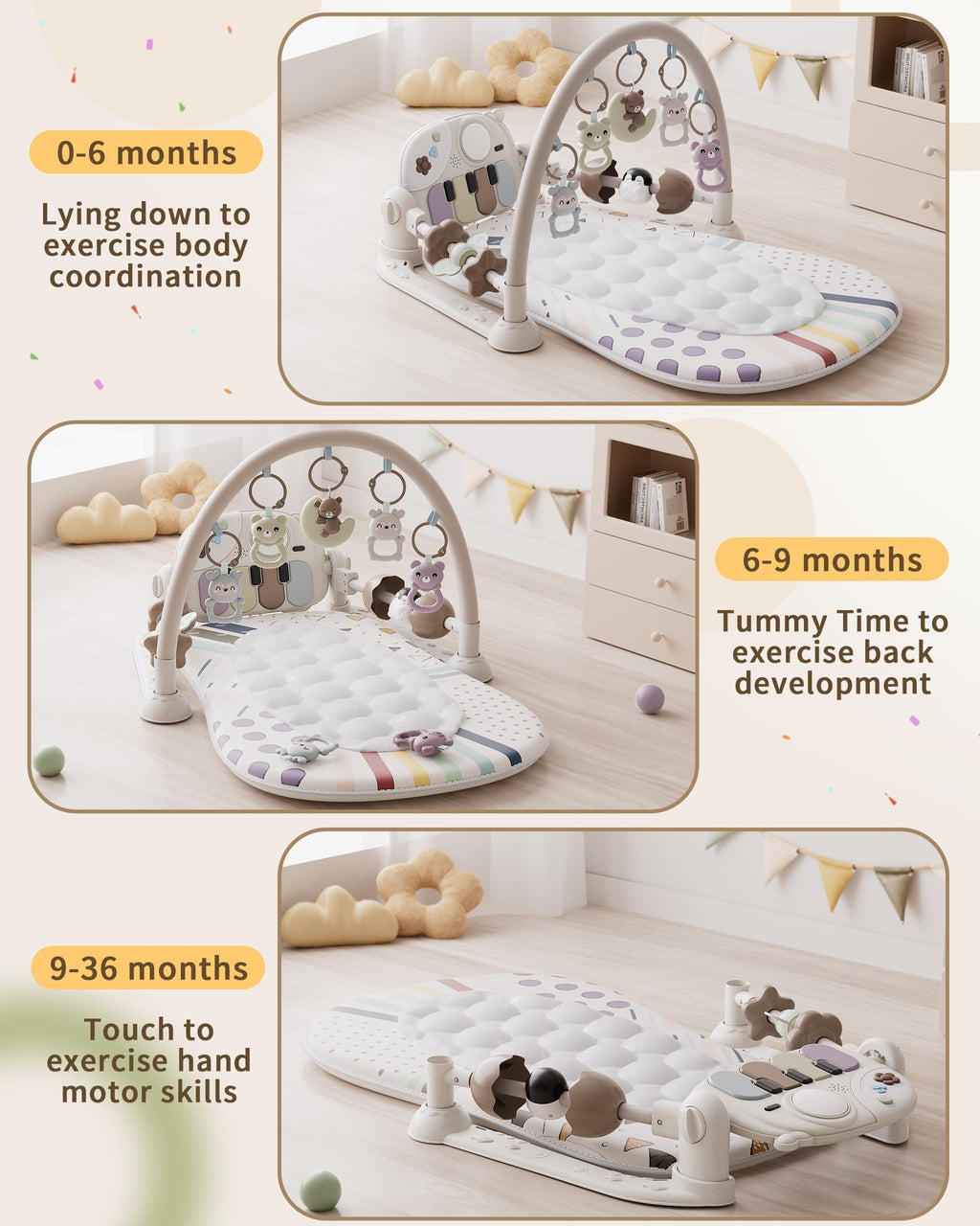 Jovow Baby Gym Mat with Detachable Piano for Babies 0-3 6-9 12 Months