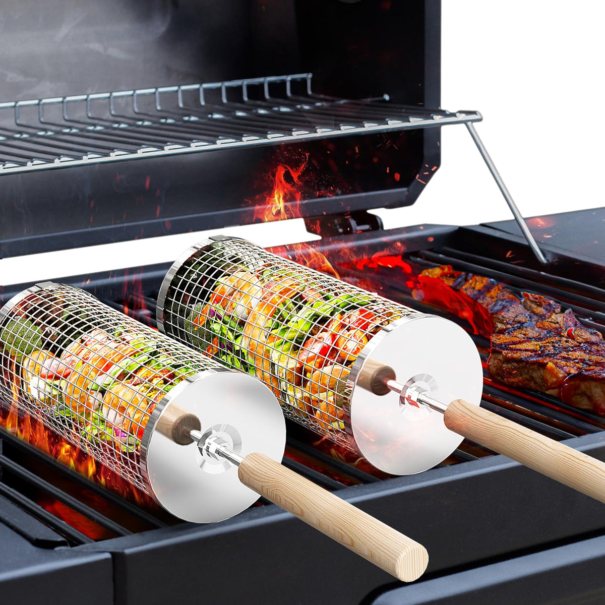 Rolling Grill Basket, Grilling Accessories, Outdoor Camping, Gifts for Men