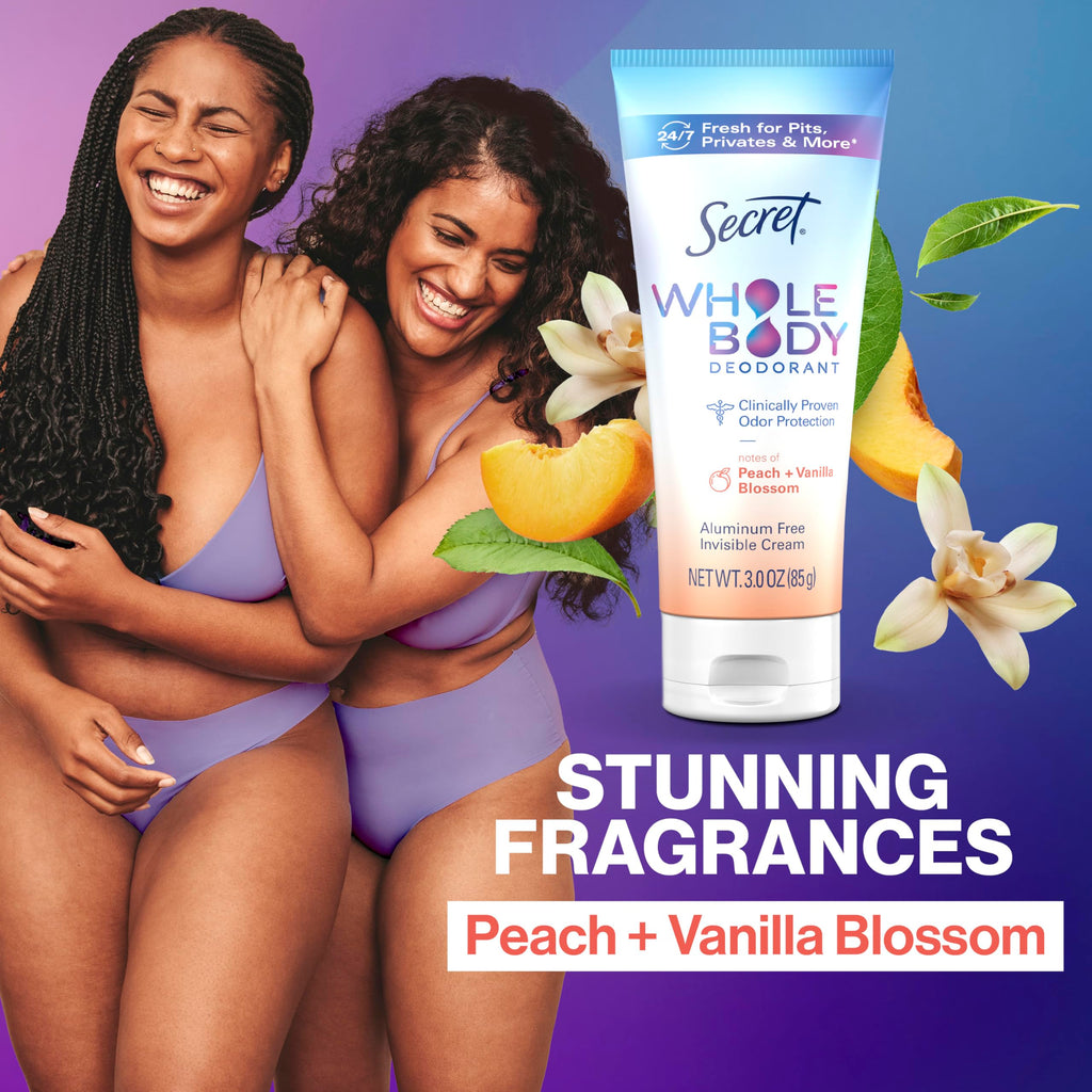 Secret Whole Body Deodorant Cream for Women, Travel Size, Peach & Vanilla Blossom Scent, Aluminum Free Deodorant, 72 HR Odor Protection, 0.8 oz (Pack of 2)