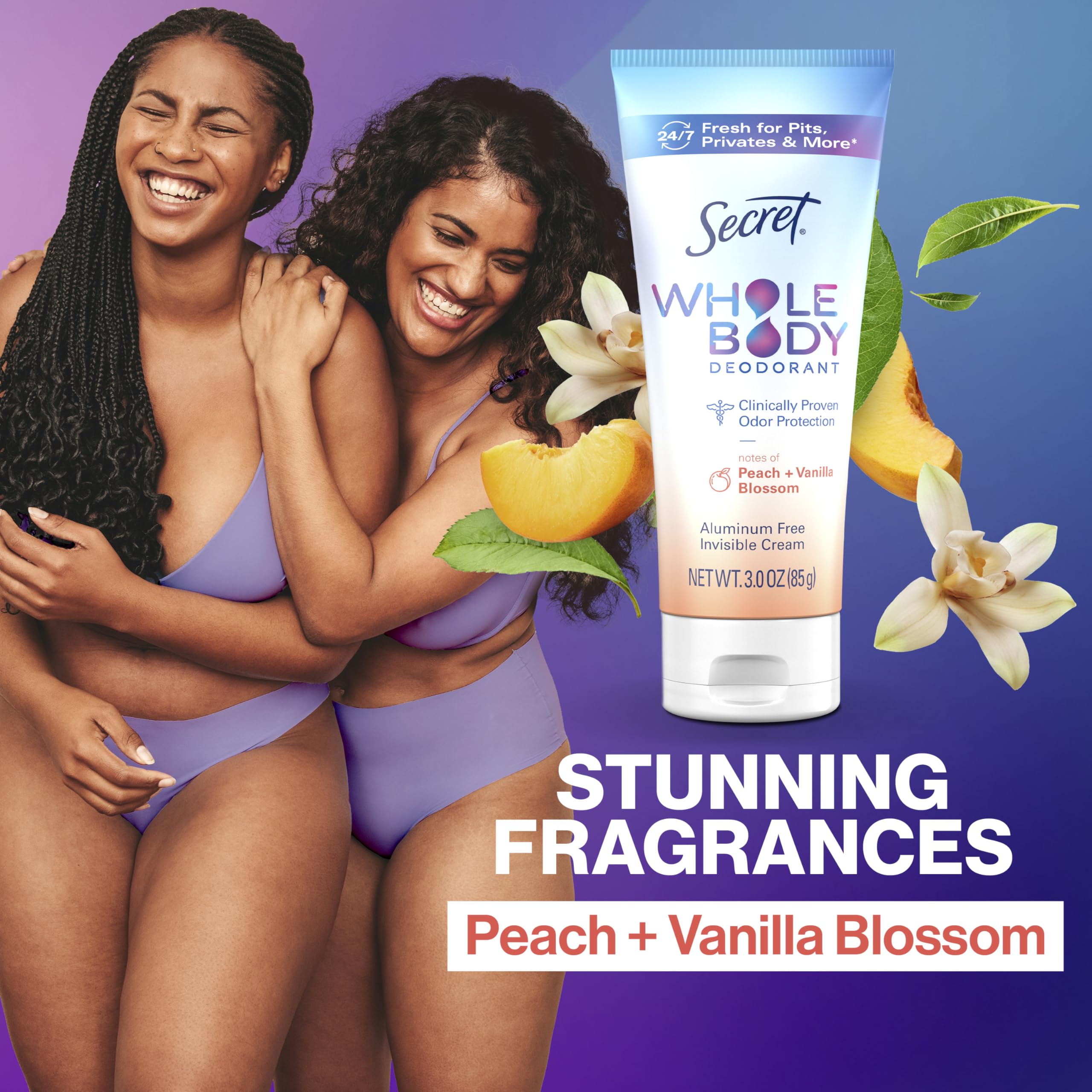 Secret Whole Body Deodorant Cream for Women, Travel Size, Peach & Vanilla Blossom Scent, Aluminum Free Deodorant, 72 HR Odor Protection, 0.8 oz (Pack of 2)