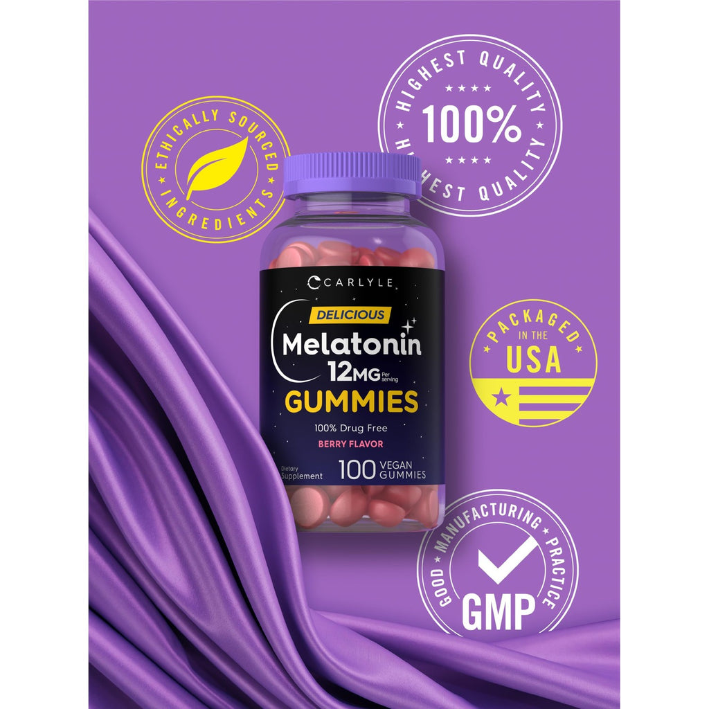 Carlyle Melatonin Gummies 12mg | 100 Count | Berry Flavor | Vegan Supplement | Non-GMO, Gluten Free