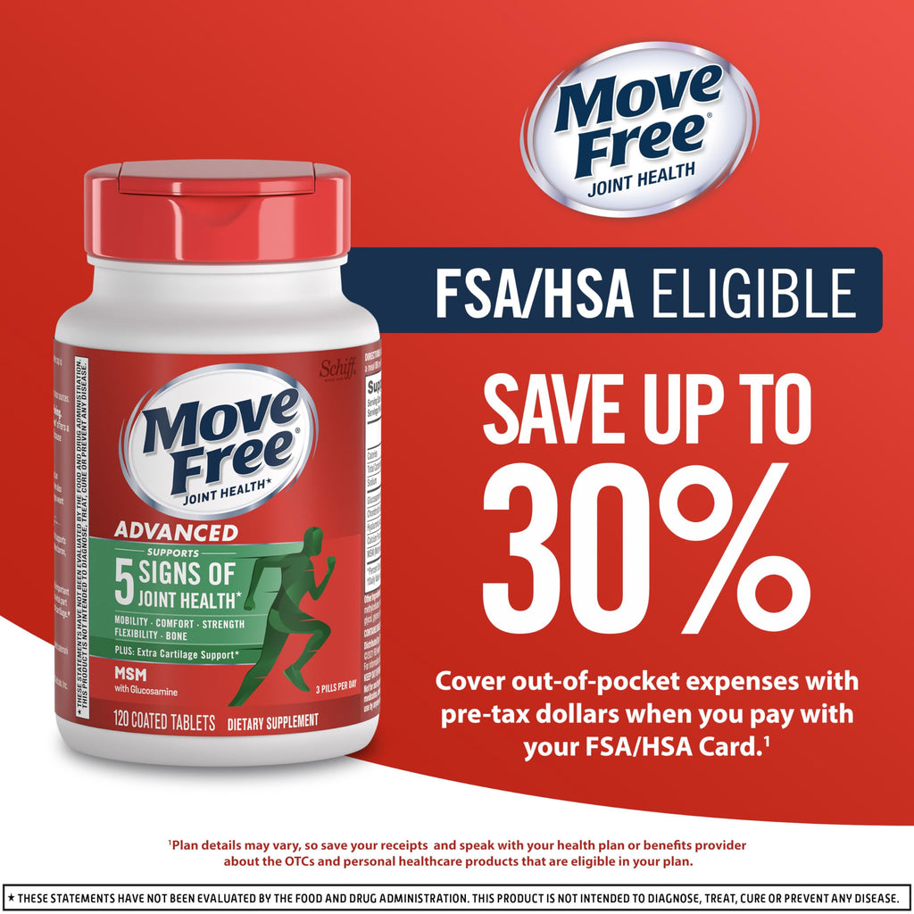 Move Free Advanced Joint Support, Glucosamine, Chondroitin + MSM - 120 ct | Supports Mobility Comfort Strength Flexibility & Bone, 40 Servings, Bone & Joint Support Supplement tablets, Fruitx-B