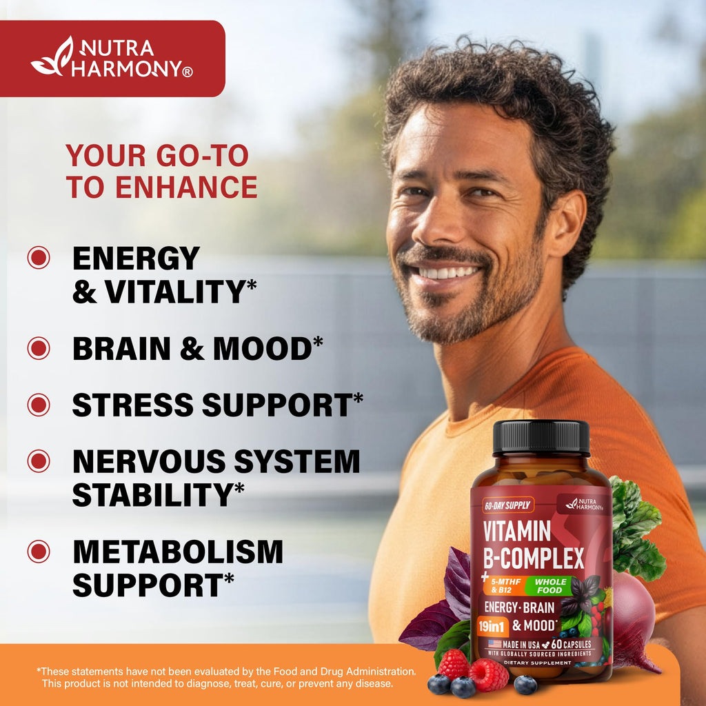 Vitamin B Complex: B1, B2, B3, B5, B6, B7, B12, 5MTHF + Whole Food - 60Caps