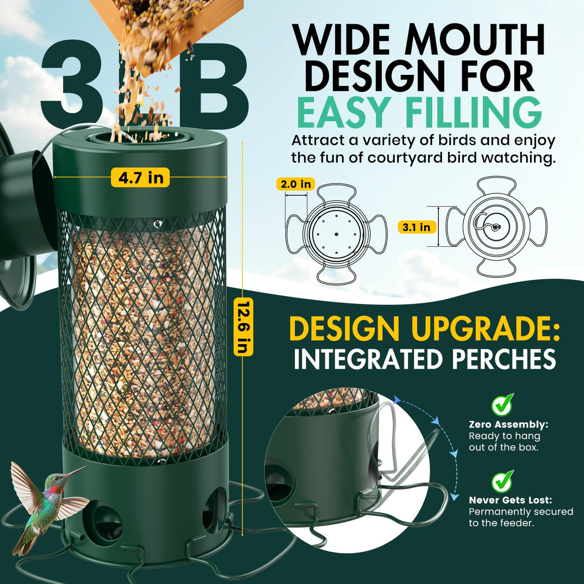 Metal Squirrel Proof Bird Feeders for Outdoors Hanging,Weight-Activated Large Capacity Feeder for Wild Finch, Cardinal,Blue Jay, Chickadee, Weatherproof and Durable 4 Perches,Green