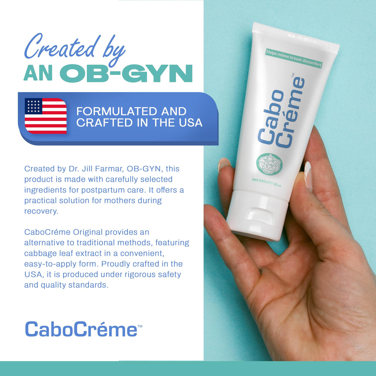 CaboCréme Cabbage Breast Cream for Tenderness & Engorgement Relief, Breastfeeding Weaning Support - Dry Up Breast Milk - Postpartum Essential - OB-GYN Created & Breastfeeding Mother-Approved - 2 oz