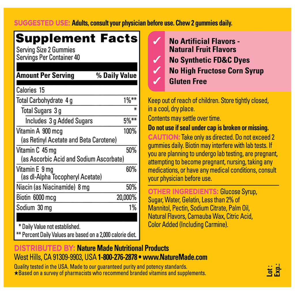 Nature Made Advanced Hair Skin and Nails Gummies, 80 Gummies | Dietary Supplement with Biotin, Pro Retinol A, Niacinamide, Vitamin C and Vitamin E, Strawberry Flavor, 40 Day Supply