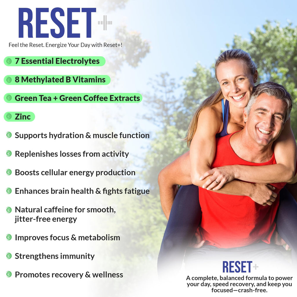 Reset+, 7 Energy Electrolytes, High Methyl B12, Methyl Folate, Pink Salt, High Magnesium, Super B Complex, Green Tea & Green Coffee Extracts, Biotin, Zinc, 72 Trace Minerals