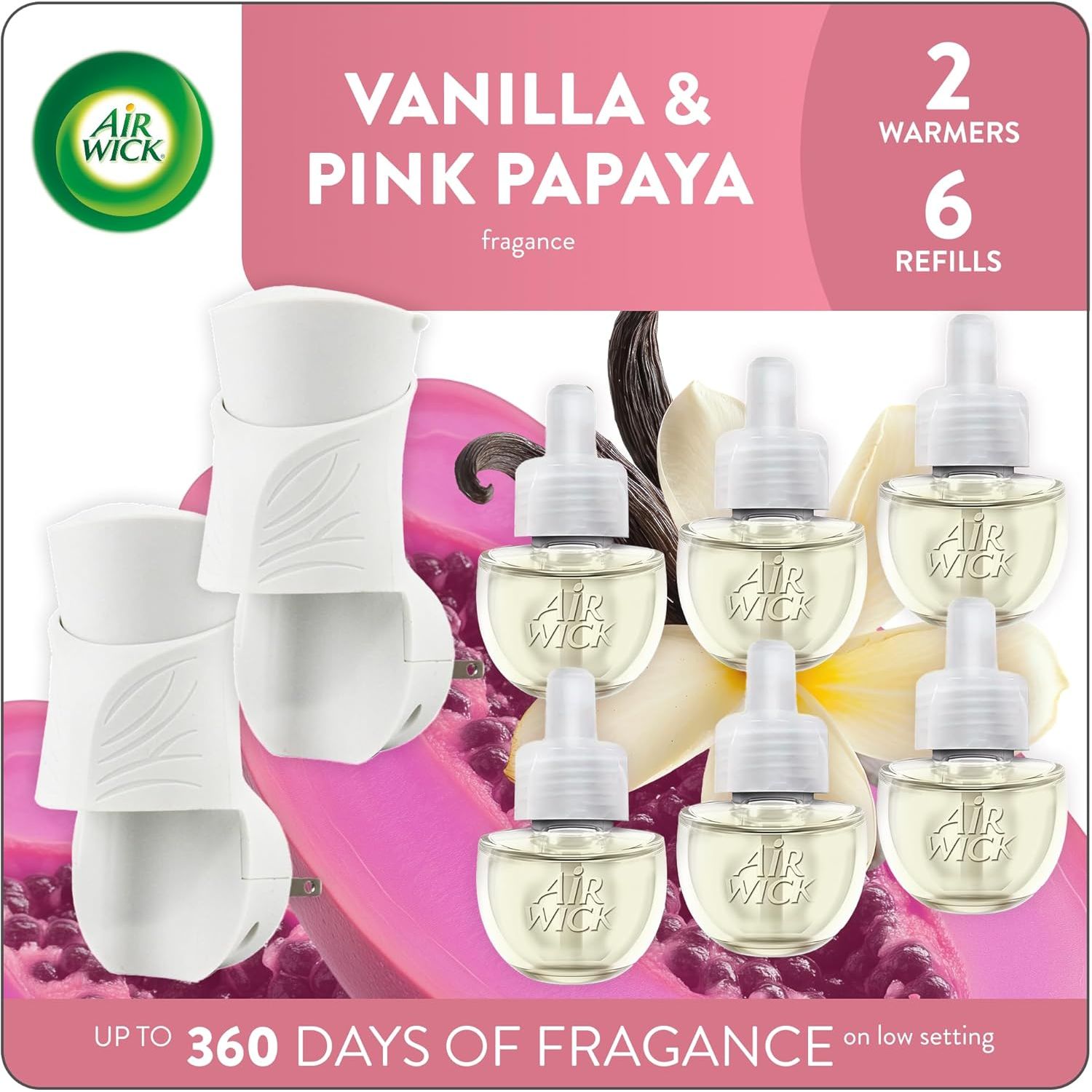 Buy now Air Wick Plug in Scented Oil Starter Kit, 2 Warmers + 6 Refills, Fresh Linen, Same Familiar Smell of Fresh Laundry, Eco Friendly, Essential Oils, Air Freshener Vanilla and Pink Papaya at indiglob india