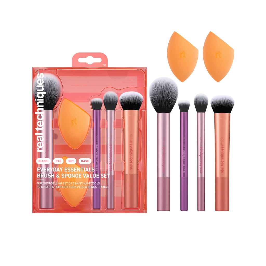 Real Techniques 6 Piece Everyday Essentials Makeup Brush Set, Includes 4 Brushes & 2 Makeup Sponges for Foundation, Blush, Bronzer, Contour, Eyeshadow & Powder, Travel Gift Set, Cruelty-Free & Vegan