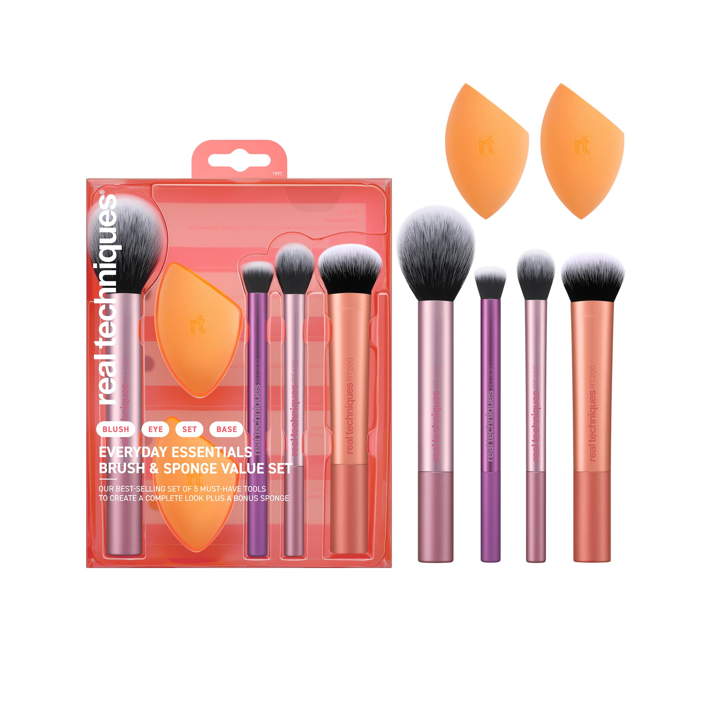 Real Techniques 6 Piece Everyday Essentials Makeup Brush Set, Includes 4 Brushes & 2 Makeup Sponges for Foundation, Blush, Bronzer, Contour, Eyeshadow & Powder, Travel Gift Set, Cruelty-Free & Vegan