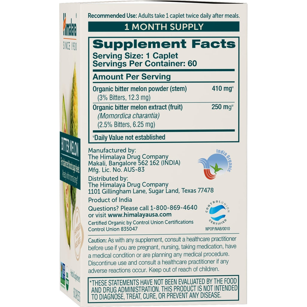 Himalaya USDA Organic Bitter Melon Capsules, 660 mg, 60 Caplets, 2 Pack | Herbal Gluocose Metabolism Support ,Bitter Melon Extract, - Non-GMO, Vegan, Gluten Free Additive Free, Clinically Studied