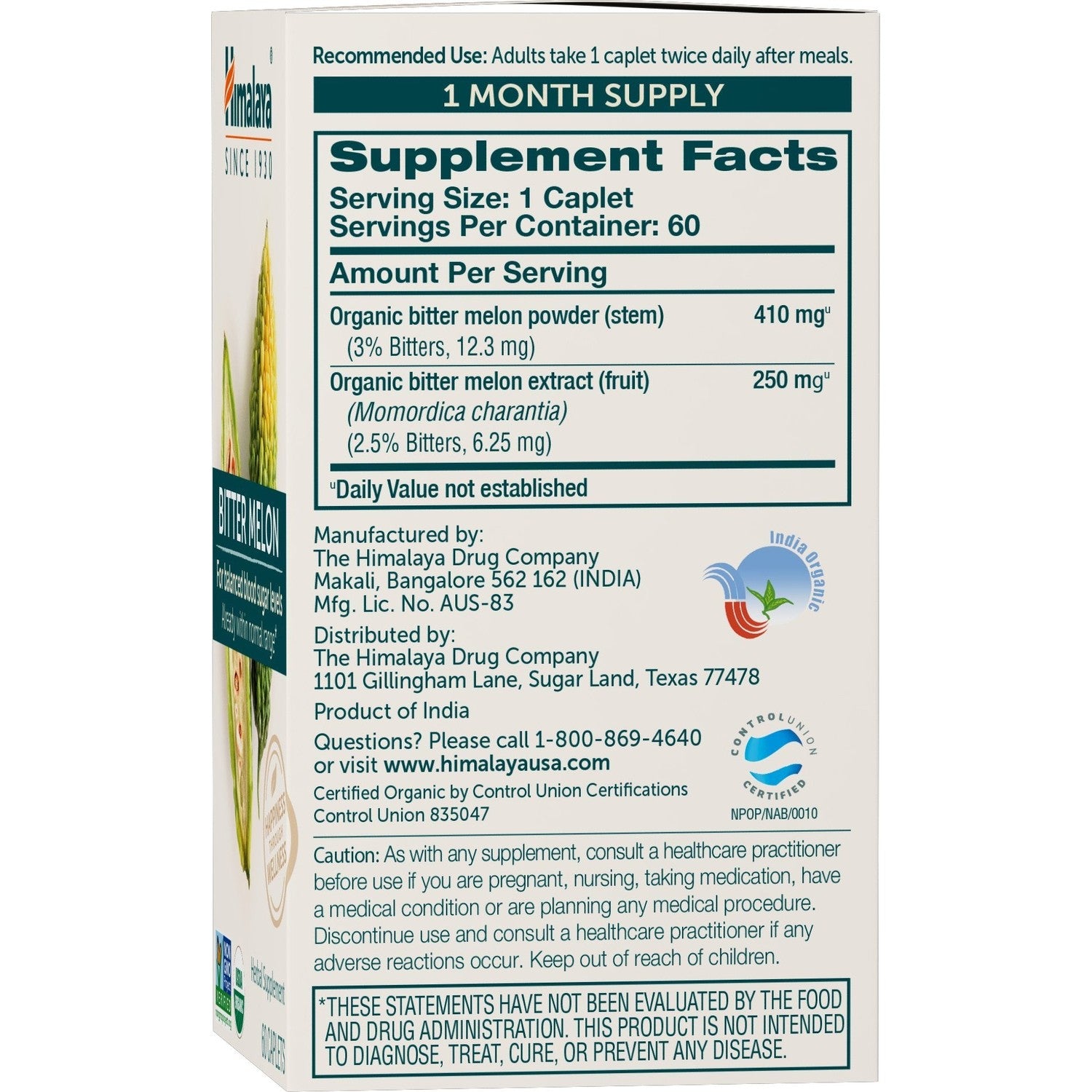 Himalaya USDA Organic Bitter Melon Capsules, 660 mg, 60 Caplets, 2 Pack | Herbal Gluocose Metabolism Support ,Bitter Melon Extract, - Non-GMO, Vegan, Gluten Free Additive Free, Clinically Studied