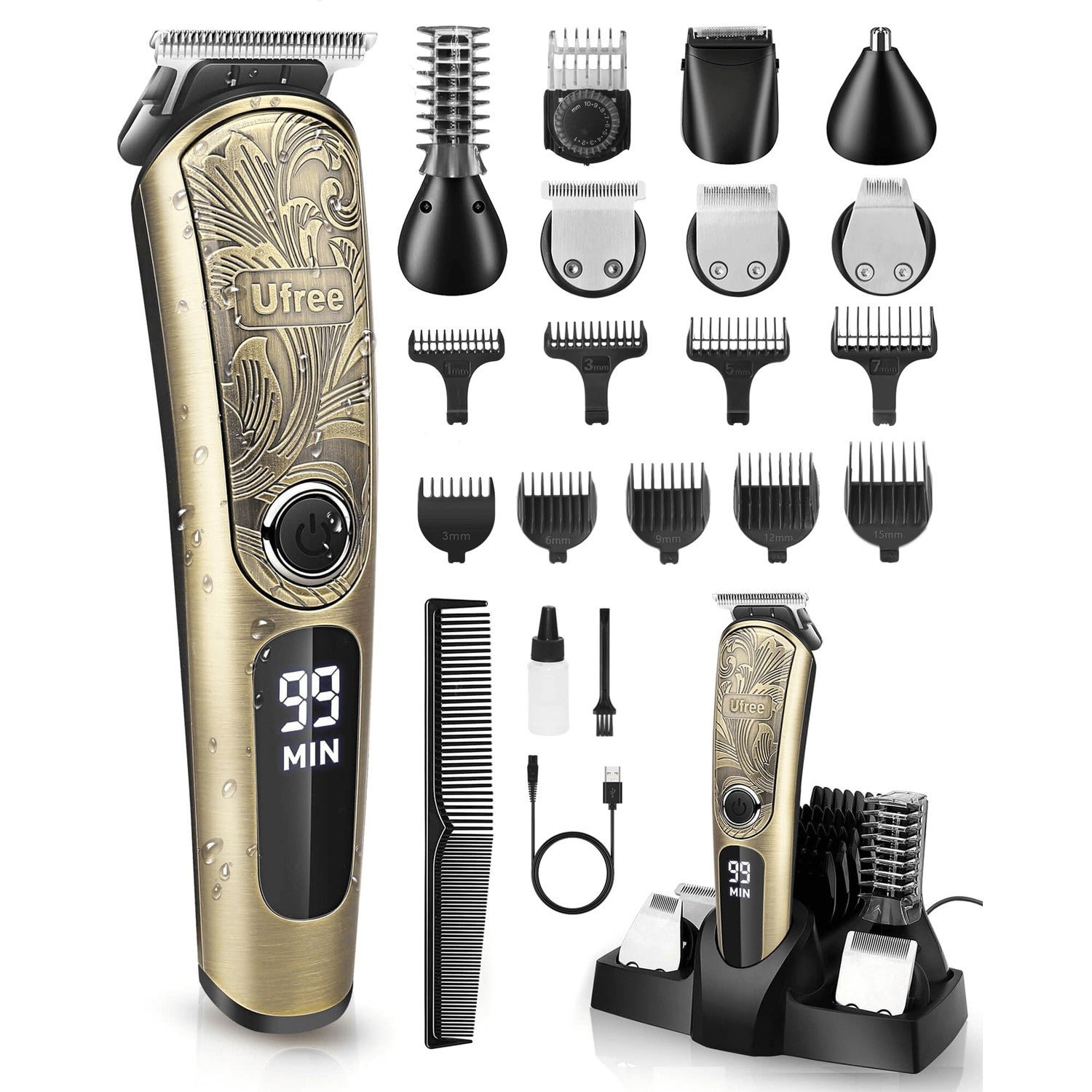 Ufree Beard Trimmer for Men, Waterproof Electric Razor, Grooming Kit | Stainless steel blades, six interchangeable heads, wet and dry use, USB rechargeable, for face body nose ear trimming, silver