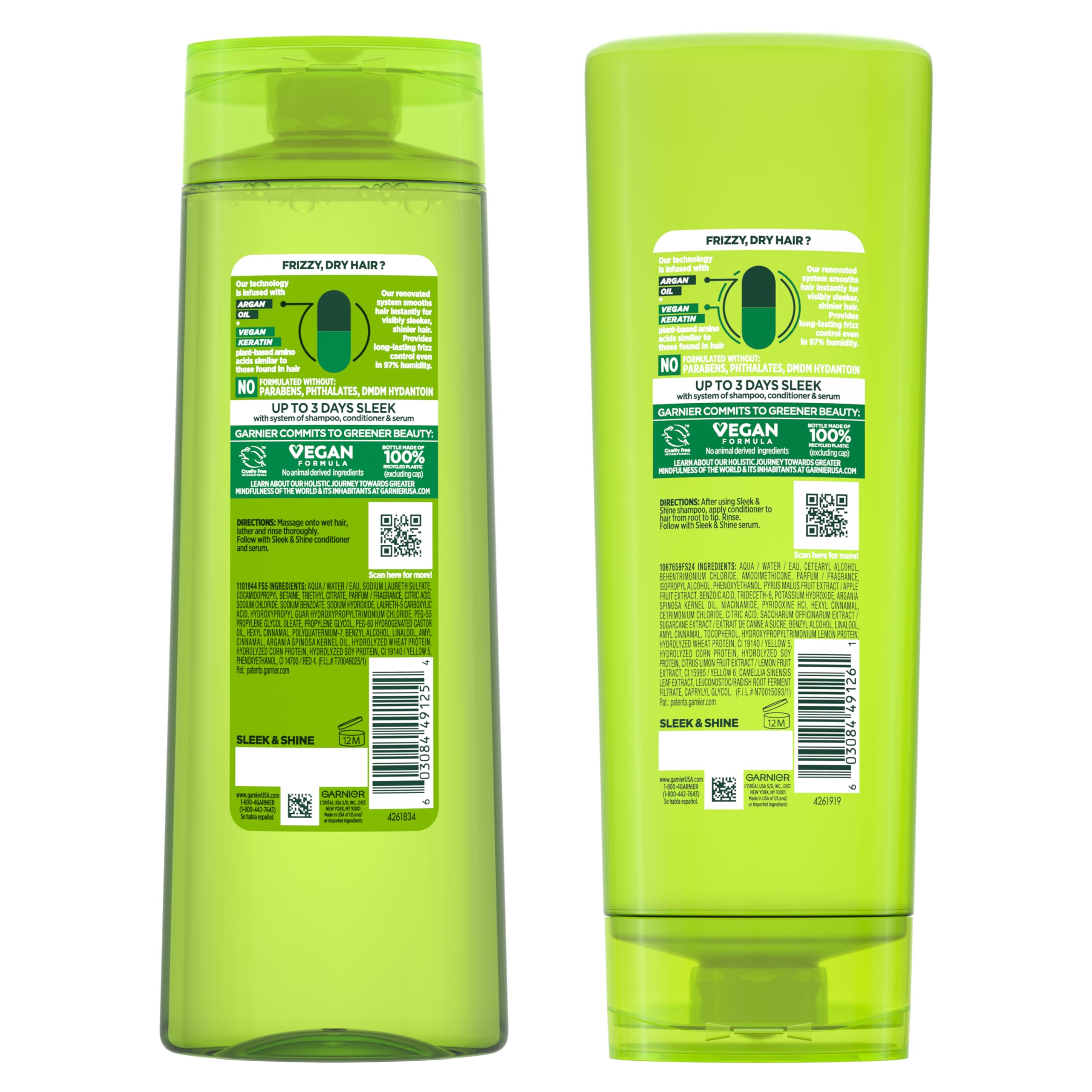 Garnier Fructis Sleek & Shine Shampoo and Conditioner Set for Dry, Frizzy Hair, Up to 72 Hours of Frizz Control, Smooths Flyaways & Boosts Shine, 22 + 21 Fl Oz (Packaging May Vary)