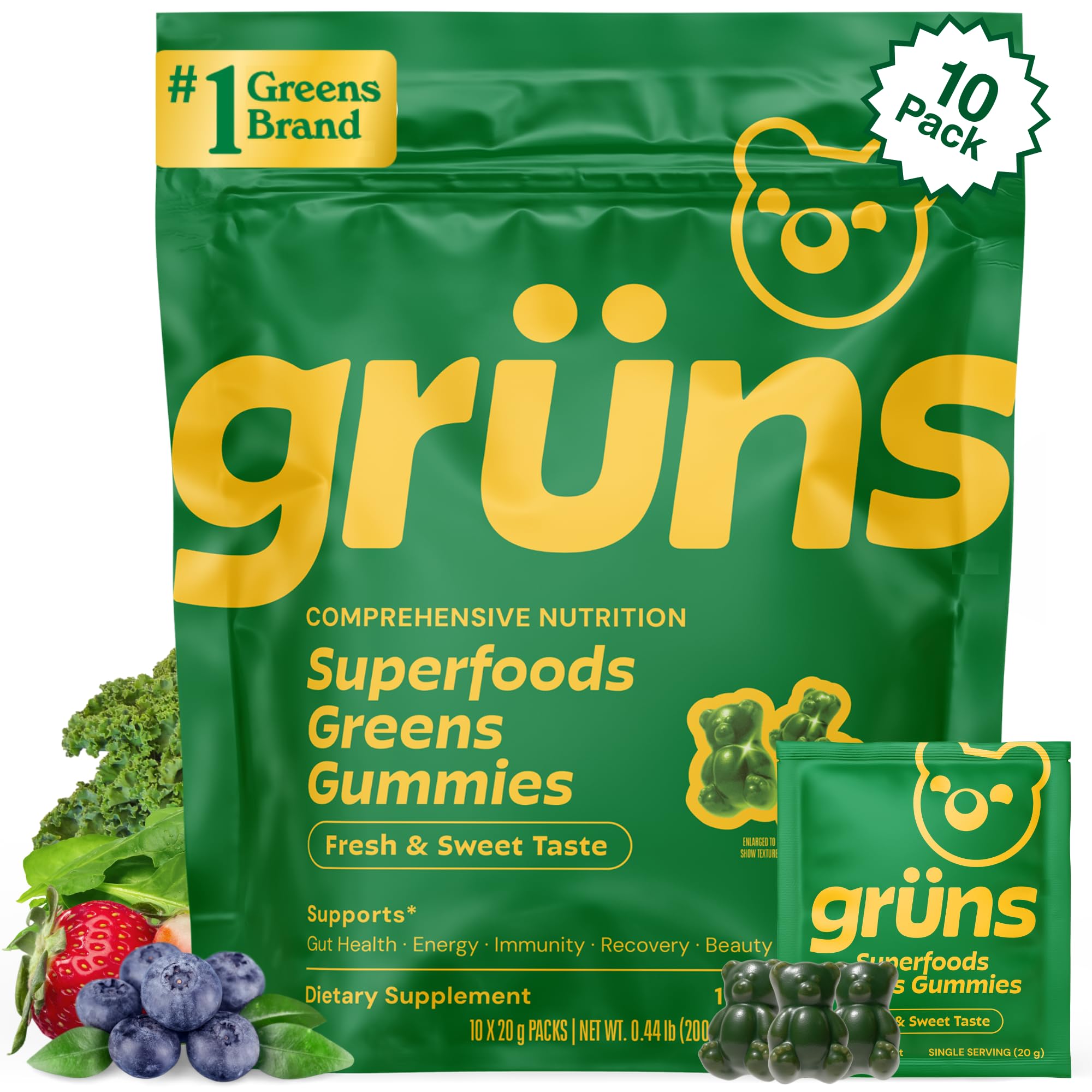 Adult Greens Gummies & Daily Multivitamin, Prebiotic Fiber, 10 ct | Daily Supplement for Men and Women with Vitamins, Minerals, Adaptogens, and Fiber