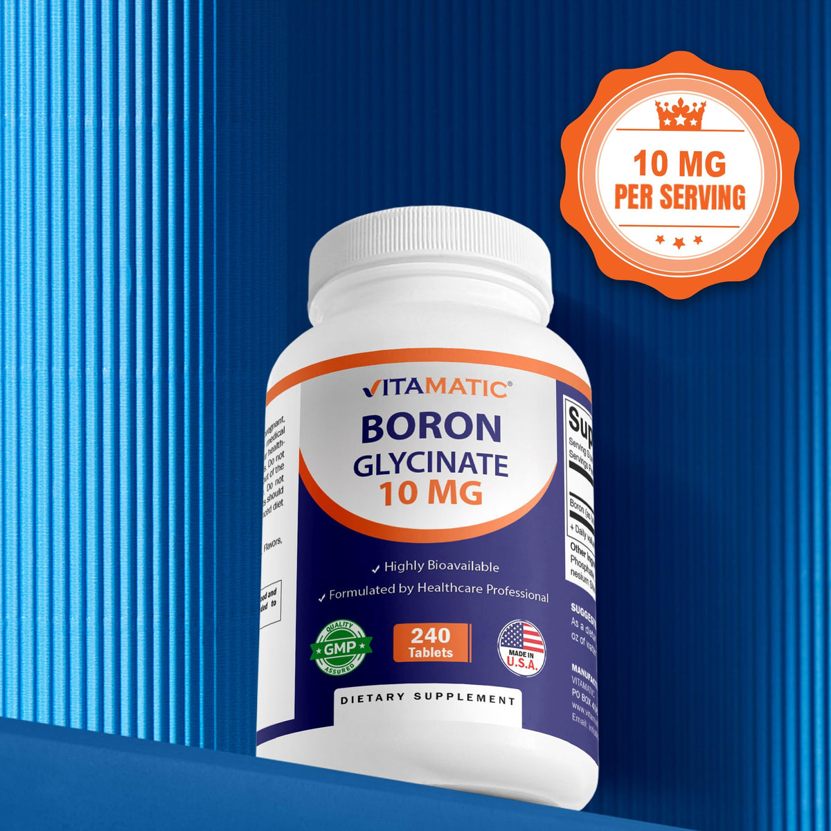 Vitamatic Chelated Boron (as Glycinate) 10mg 240 Tablets - Supports Hormone Balance, Bone Health & Connective Tissue
