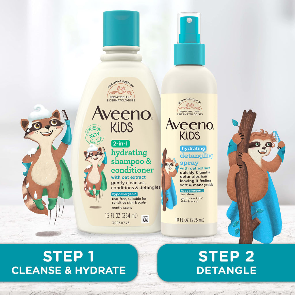 Aveeno Kids Hydrating Hair Detangler Spray, 10 fl. oz | Quickly Detangles Hair, Oat Extract, Tear-Free, Gentle on Sensitive Skin & Scalp