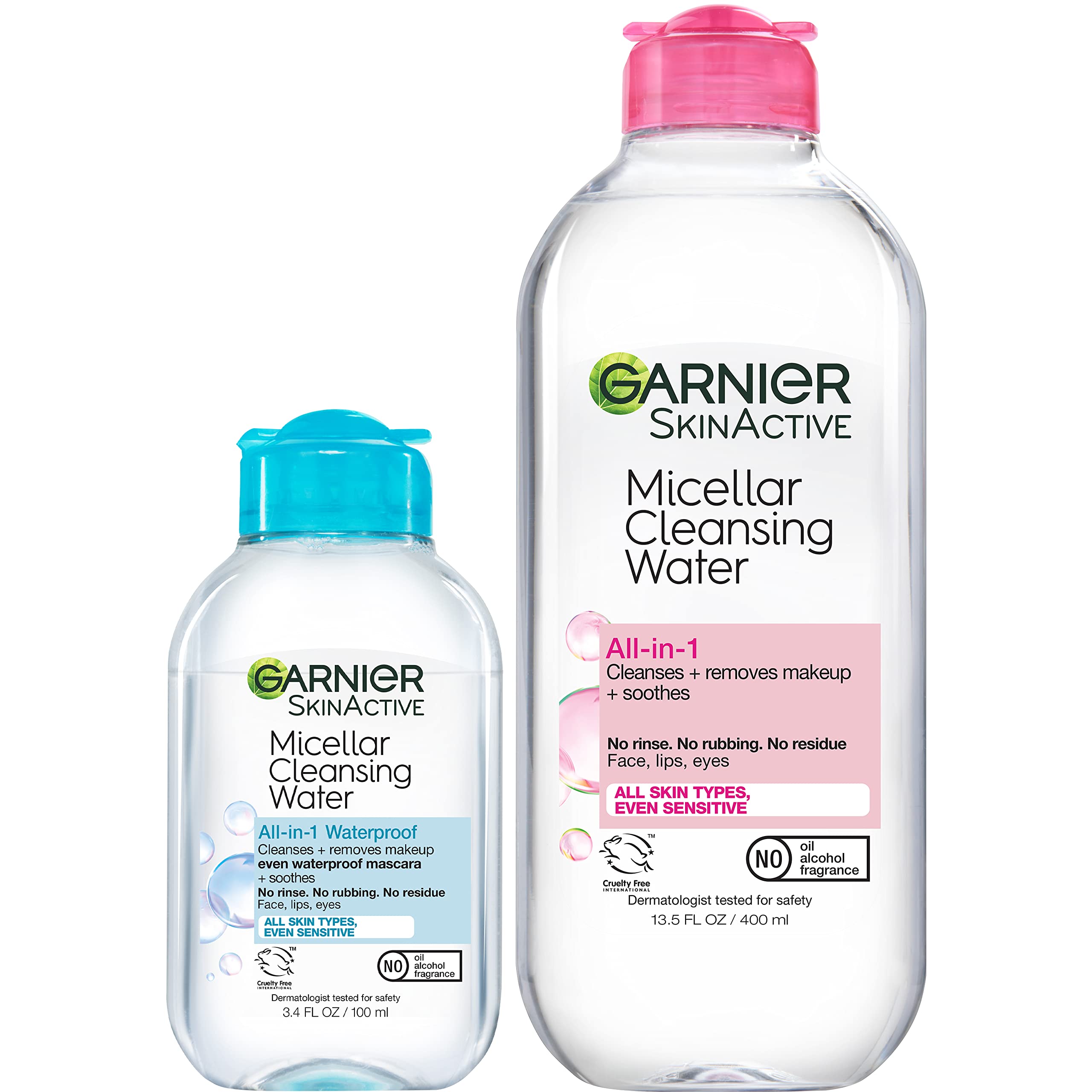 Buy now Garnier Micellar Cleansing Water, For All Skin Types, 13.5 fl oz + Micellar Cleansing Water, For Waterproof Makeup, 3.4 fl oz at indiglob india