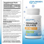 Puregen Labs Ferrous Sulfate 325 mg (65 mg Elemental Iron) High Potency Iron Supplement | No Artificial Color Additives - 200 Tablets