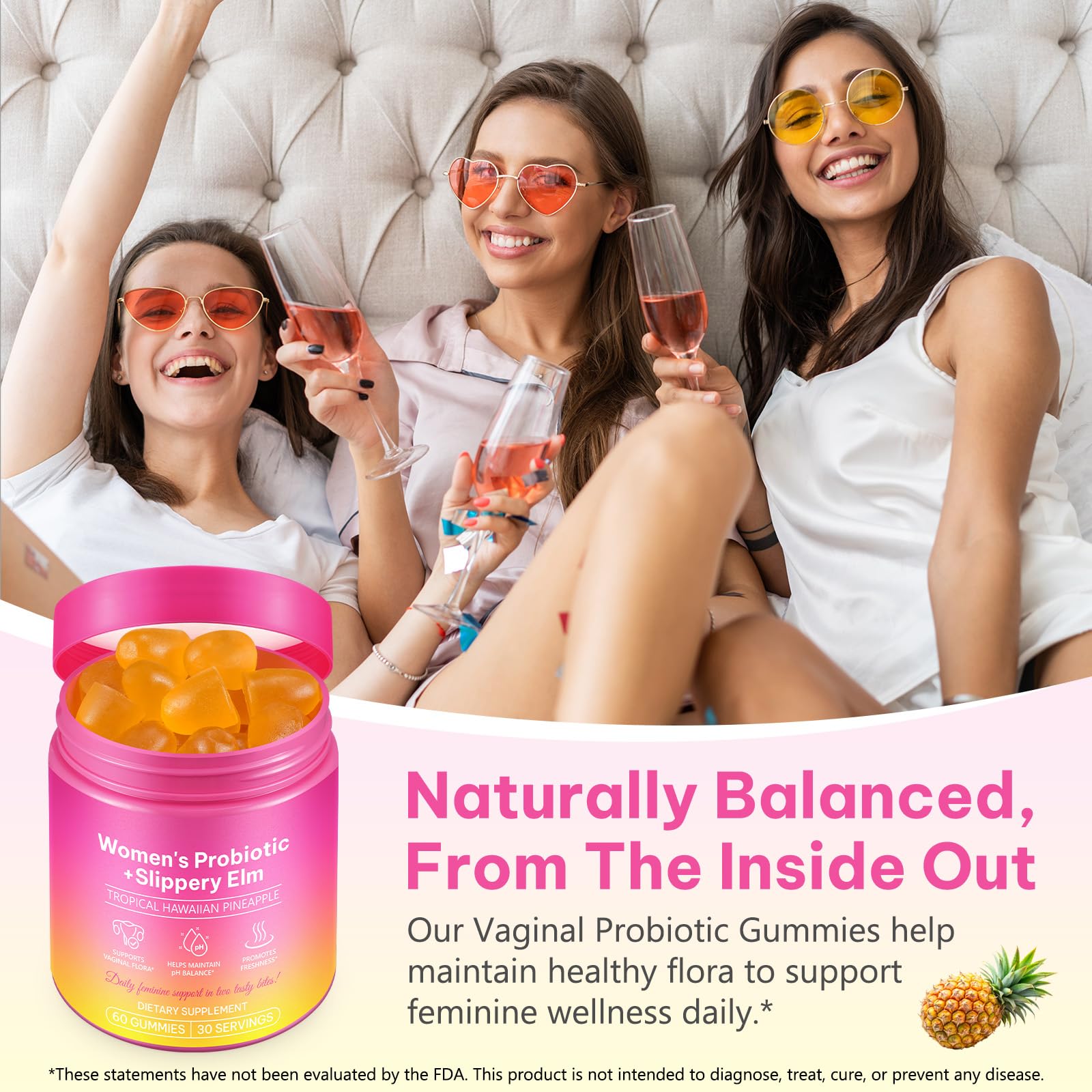 2Pack Feminine Probiotics Gummies,Vaginal Women Probiotic,Feminine Balance pH Gummies for Healthy Odor,Improve Immune,Support Vaginal Health,with Slippery Elm(60 Gummies)
