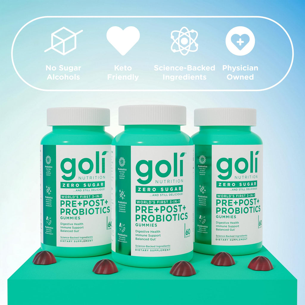 Goli Zero Sugar Pre Pro Postbiotic Gummies - Worlds First 3-in-1 with DE111, XOS, MCC1849 - No Sugar Alcohols - Vegan, Keto-Friendly, Non-GMO
