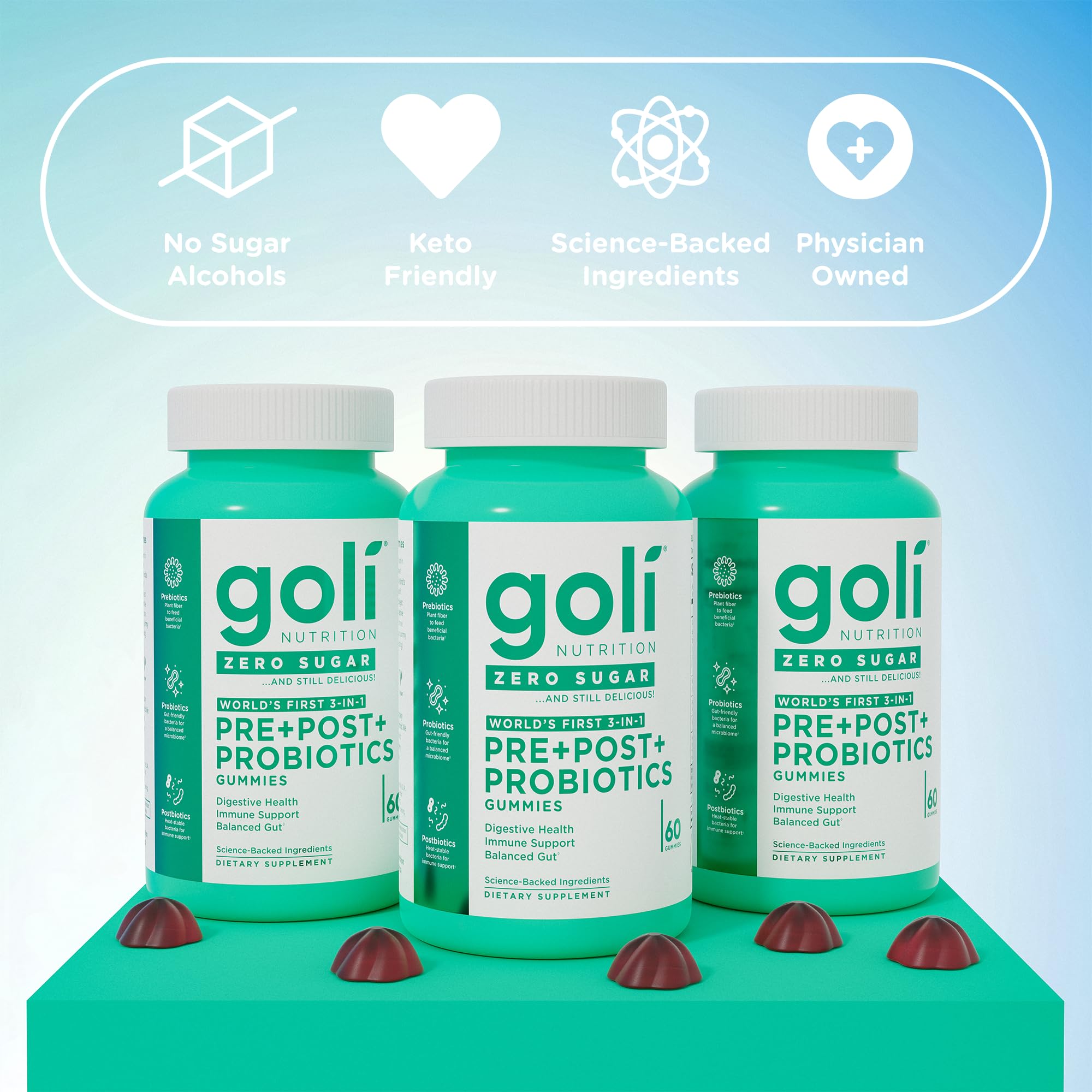 Goli Zero Sugar Pre Pro Postbiotic Gummies - Worlds First 3-in-1 with DE111, XOS, MCC1849 - No Sugar Alcohols - Vegan, Keto-Friendly, Non-GMO