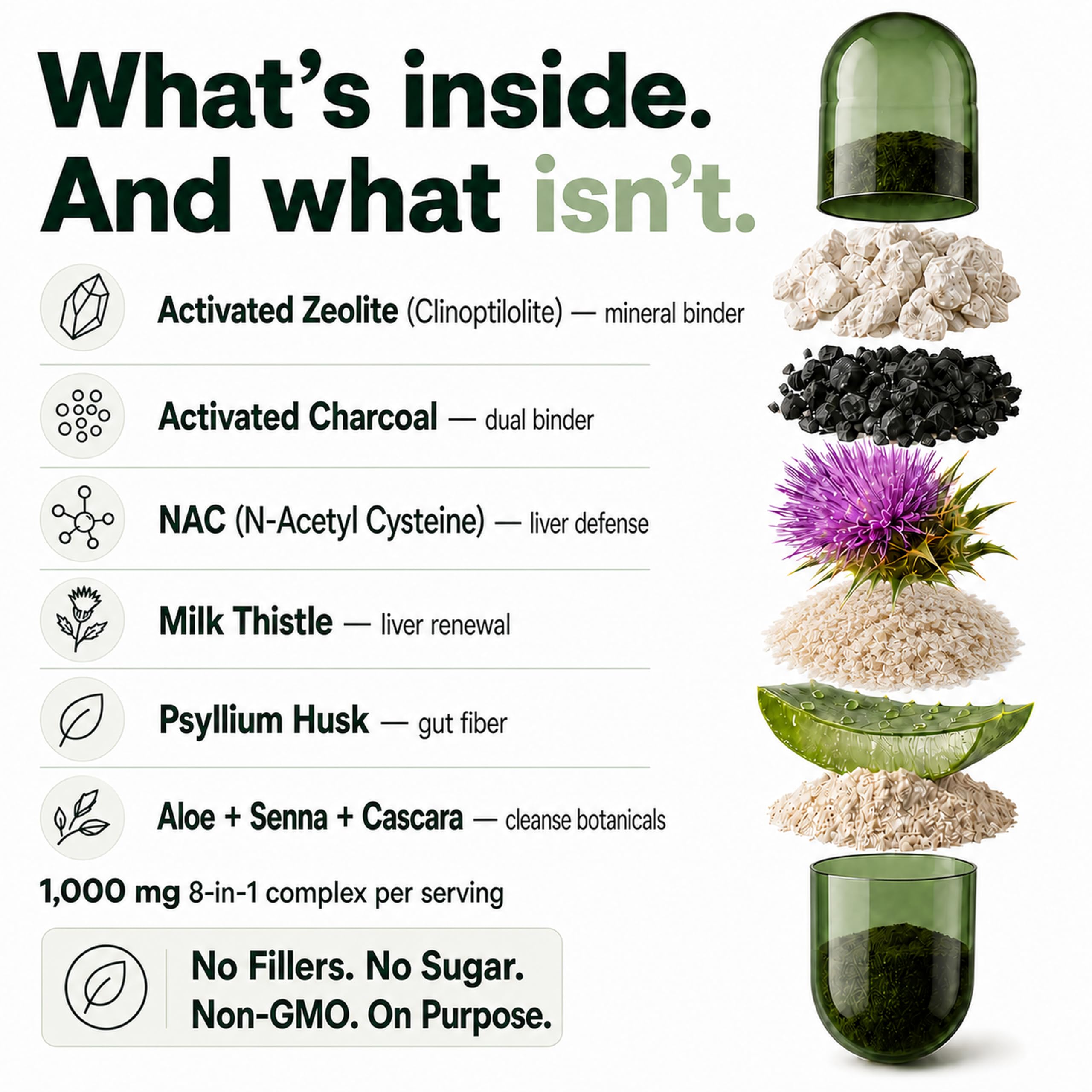 Zeolite Detox Binder, 8-in-1 Clinoptilolite & Activated Charcoal, 60ct | Natural Detoxification Pathways, Liver Health & Digestive Support: Milk Thistle & NAC