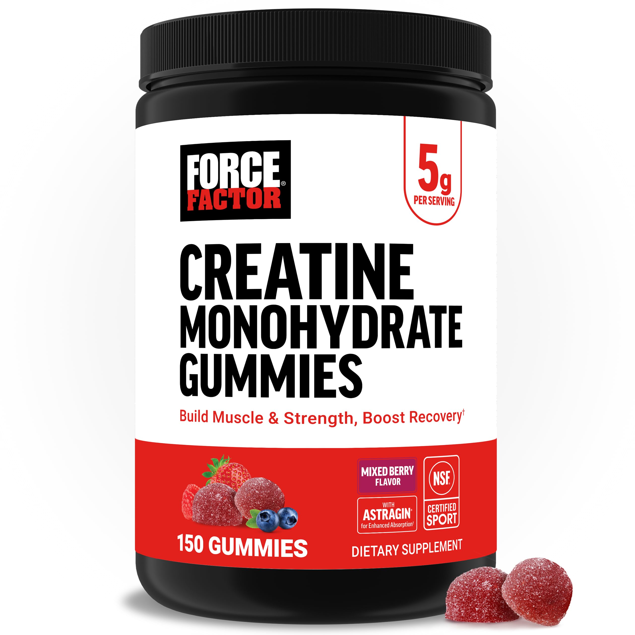 Force Factor Creatine Monohydrate Gummies, NSF Certified | 5g Dose for Men & Women to Support Muscle, Strength, Recovery, Cognitive Health & Memory, Mixed Berry, 150 Gummies