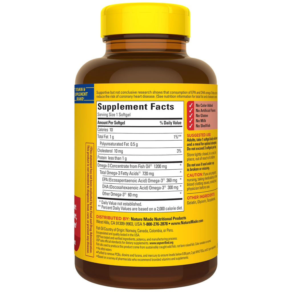 Nature Made Fish Oil Omega 3, 1200 mg Softgels, One Per Day, 100 Softgels | Omega 3 Fish Oil as Ethyl Esters 1200 mg Softgels, EPA DHA Supplement for Healthy Heart, Brain, Eye Support, 100 Day Supply