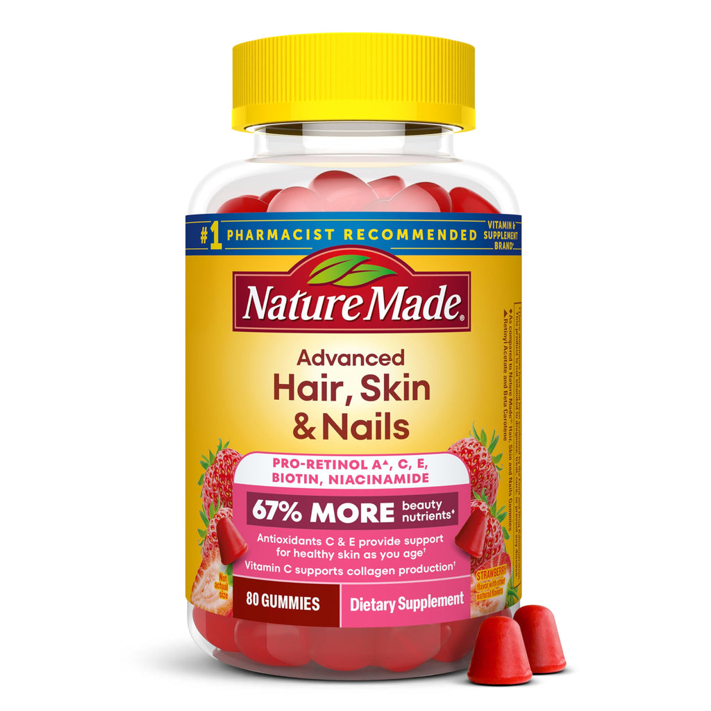 Nature Made Advanced Hair Skin and Nails Gummies, 80 Gummies | Dietary Supplement with Biotin, Pro Retinol A, Niacinamide, Vitamin C and Vitamin E, Strawberry Flavor, 40 Day Supply