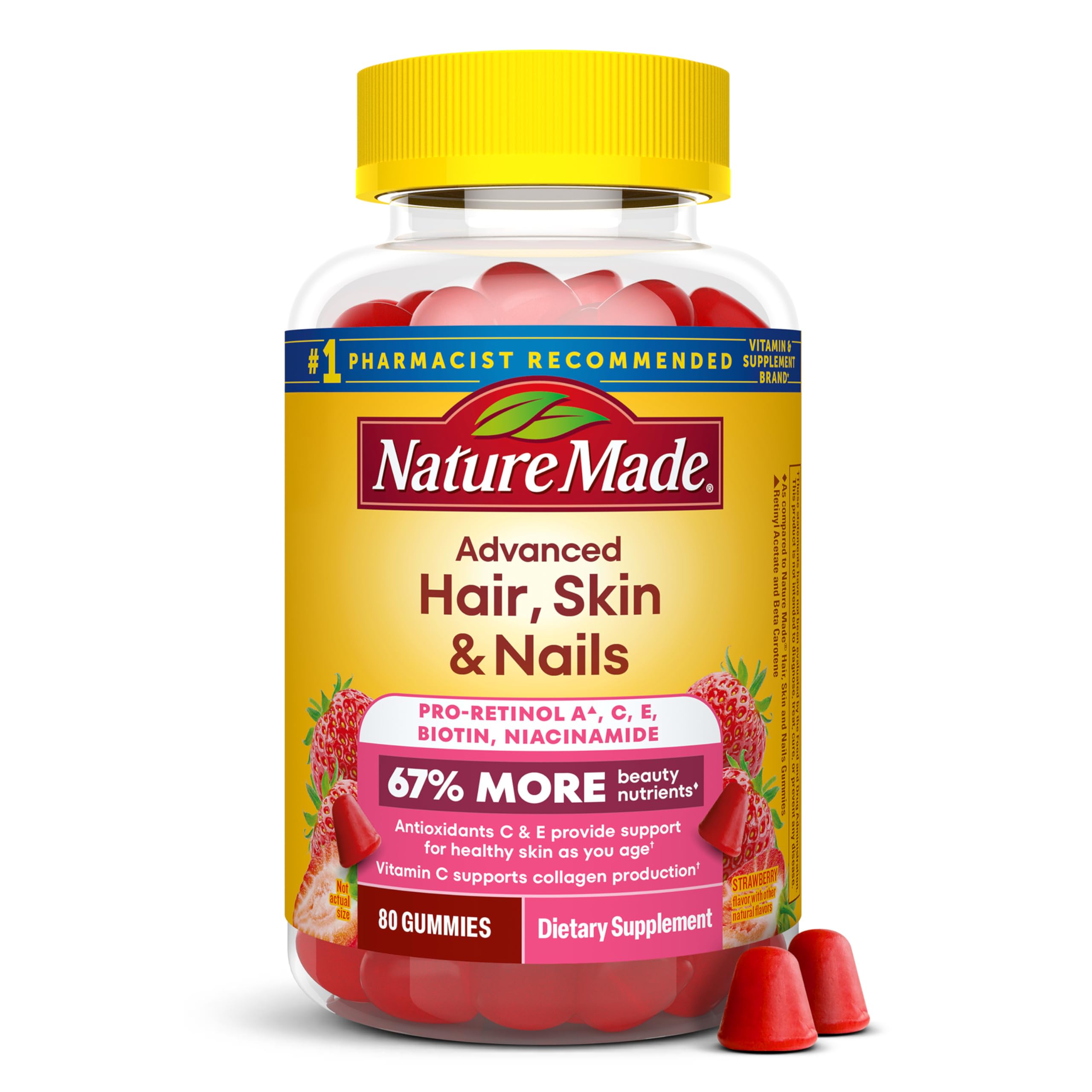 Nature Made Advanced Hair Skin and Nails Gummies, 80 Gummies | Dietary Supplement with Biotin, Pro Retinol A, Niacinamide, Vitamin C and Vitamin E, Strawberry Flavor, 40 Day Supply
