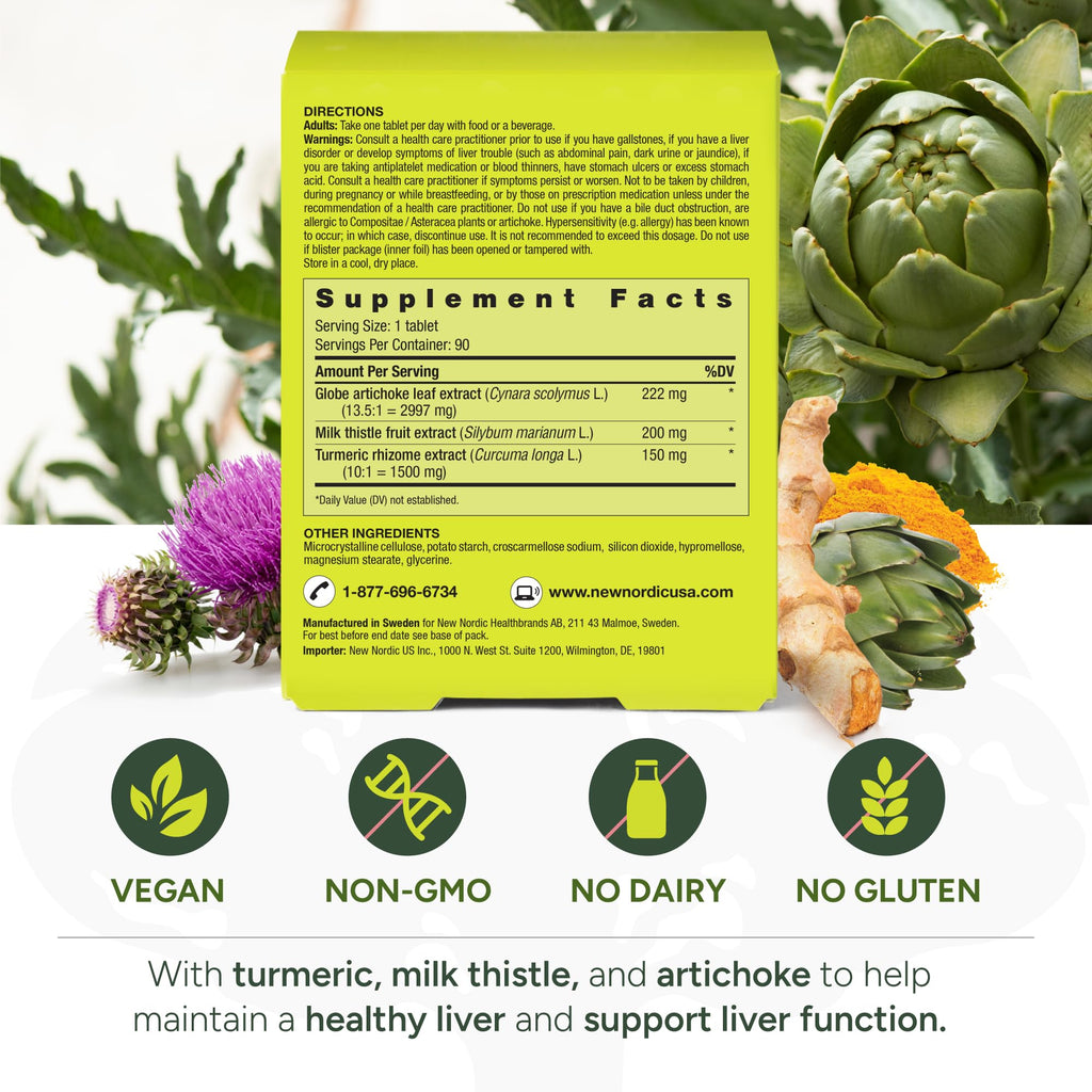 NEW NORDIC Active Liver Daily Support Supplement 90-Day Supply - 90 Tablets | Includes a supply of daily liver supplements, featuring a botanical blend of milk thistle and artichoke in a tablet format