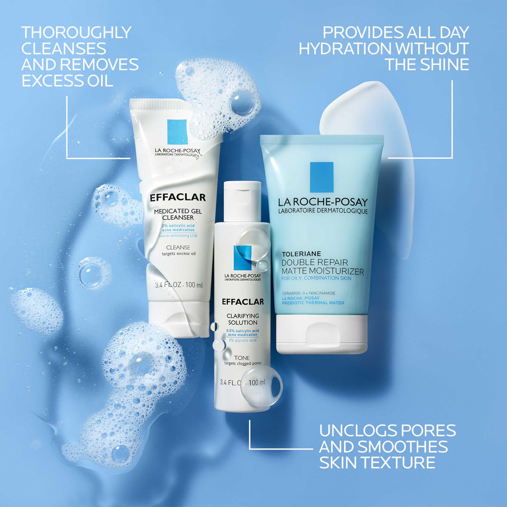 La Roche-Posay Effaclar Daily Acne Kit with Cleanser, Toner & Moisturizer | Salicylic acid acne cleanser, pore refining toner, and matte face moisturizer for oily and combination skin. Oil-free.