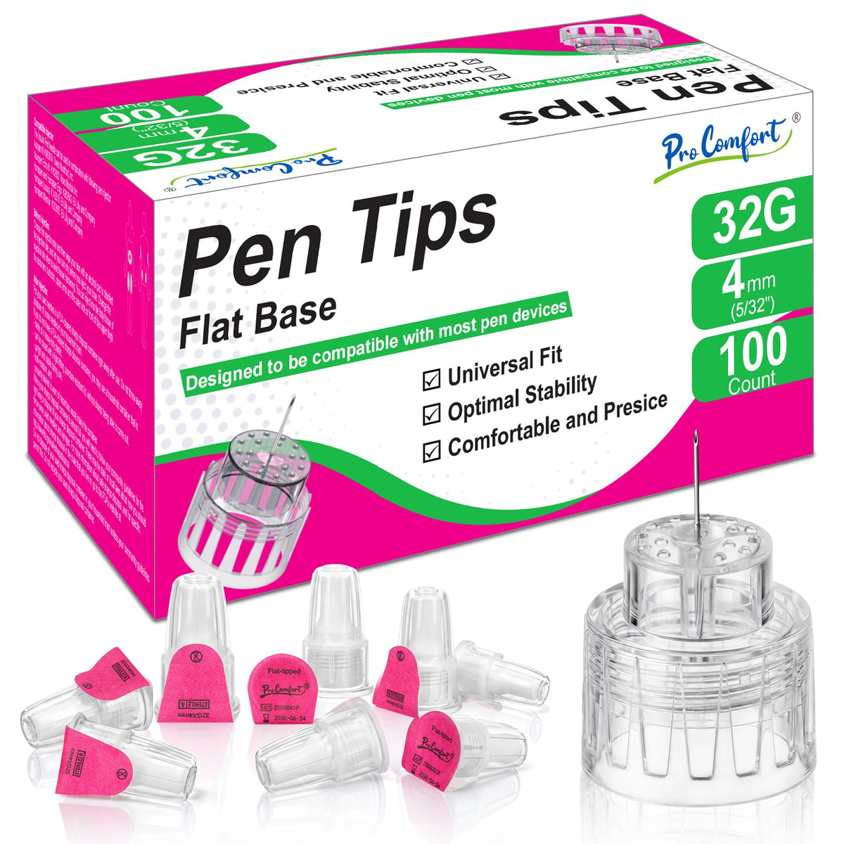 Flat Base Pen Tips 32G x 4mm Pen Tip Comfortable Wide Seat Design 100 Count