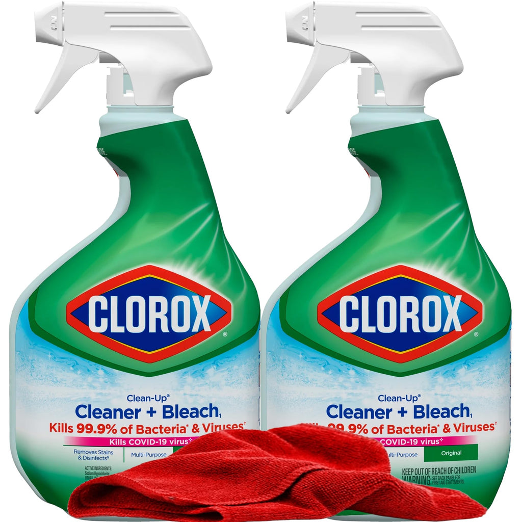 Buy now Clorox Clean-Up Cleaner Bleach Spray, 2 Pack, All Purpose Bleach Spray Trigger, Disinfects Kitchen,Bathroom,Tiles,Original Scent, Mold & Mildew Cleaner, 32 oz. Each plus red Microfiber Cleaning Cloth at indiglob india