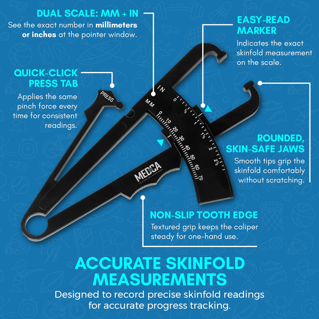 MEDca Body Fat Caliper and Measuring Tape for Body - Skinfold Calipers and Body Fat Tape Measure Tool for Accurately Measuring BMI Skin Fold Fitness and Weight-Loss, (Black)