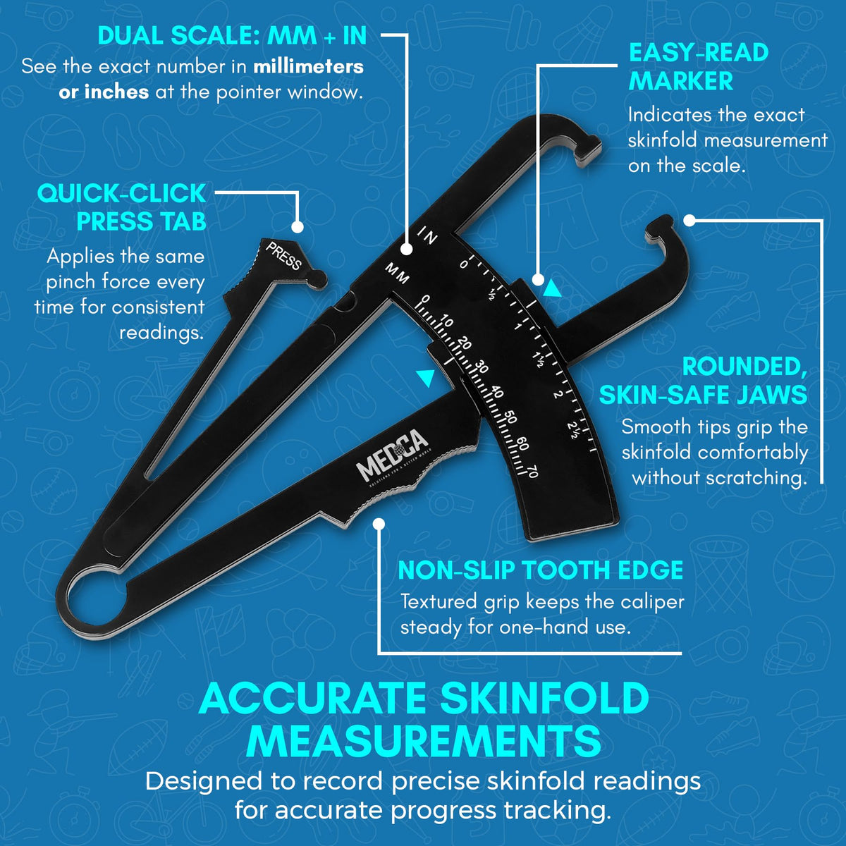 MEDca Body Fat Caliper and Measuring Tape for Body - Skinfold Calipers and Body Fat Tape Measure Tool for Accurately Measuring BMI Skin Fold Fitness and Weight-Loss, (Black)