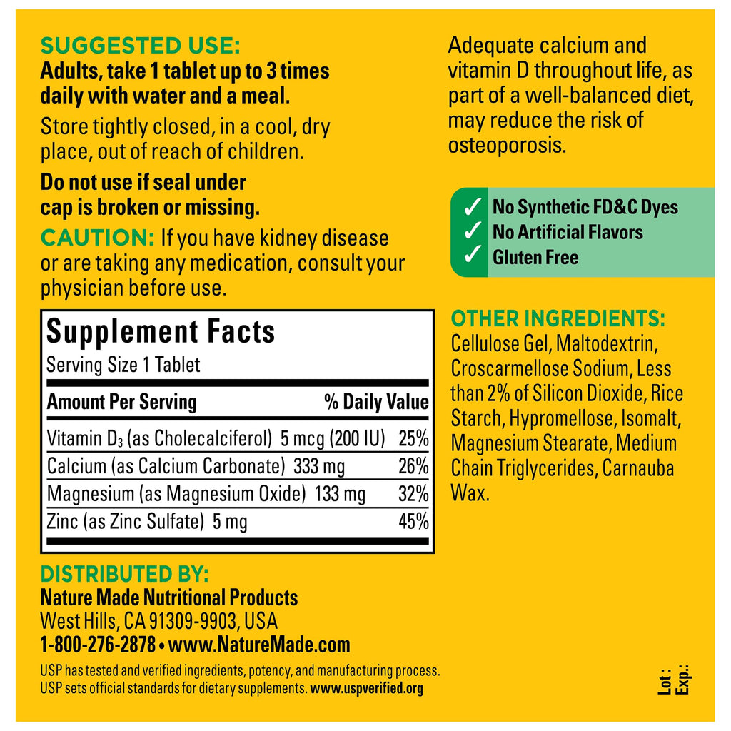 Nature Made Calcium Magnesium Zinc with Vitamin D3, 300 Tablets | Magnesium and Calcium Supplement for Bone Support, Vitamin D and Zinc Support a Healthy Immune System