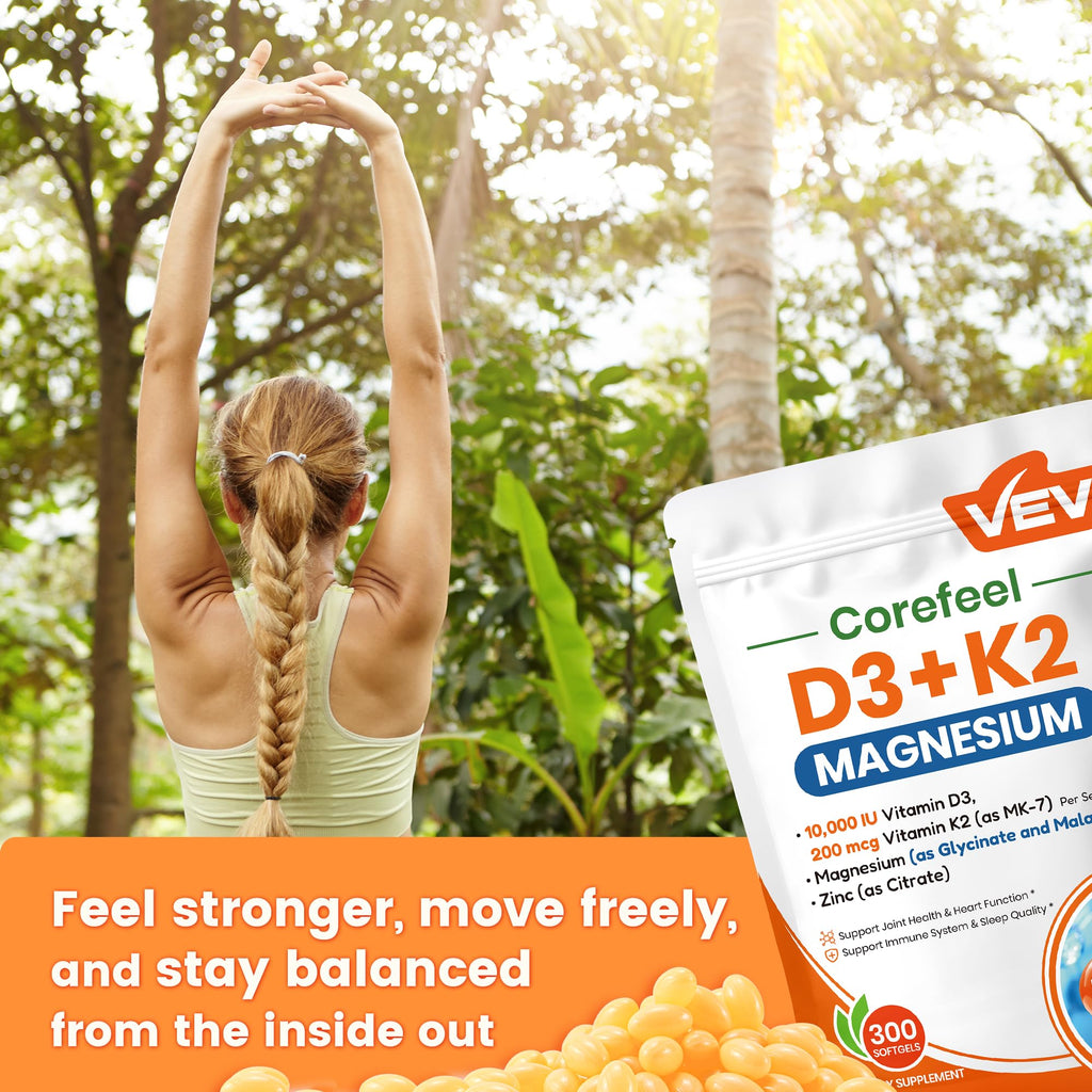 VEV Corefeel Vitamin D3 K2 10,000 IU Magnesium Supplement, 300 Softgels | Vitamin K2 as MK-7, Coconut Oil, Magnesium Glycinate & Malate, Zinc Citrate
